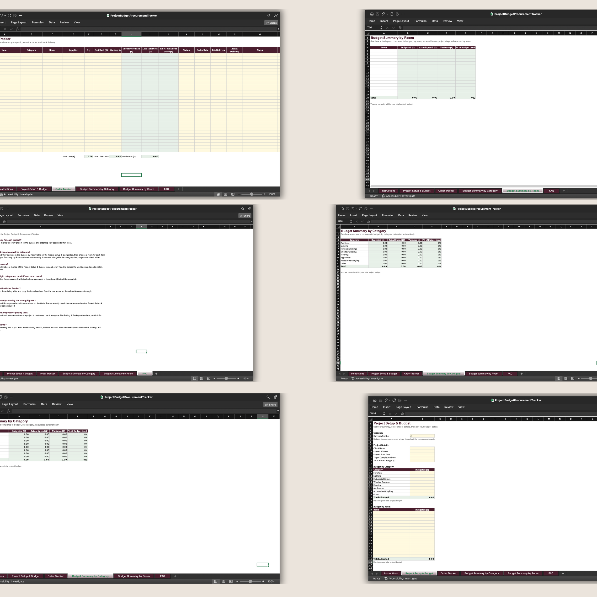 Tabs of the Project Budget and Procurement Tracker Excel workbook for interior designers