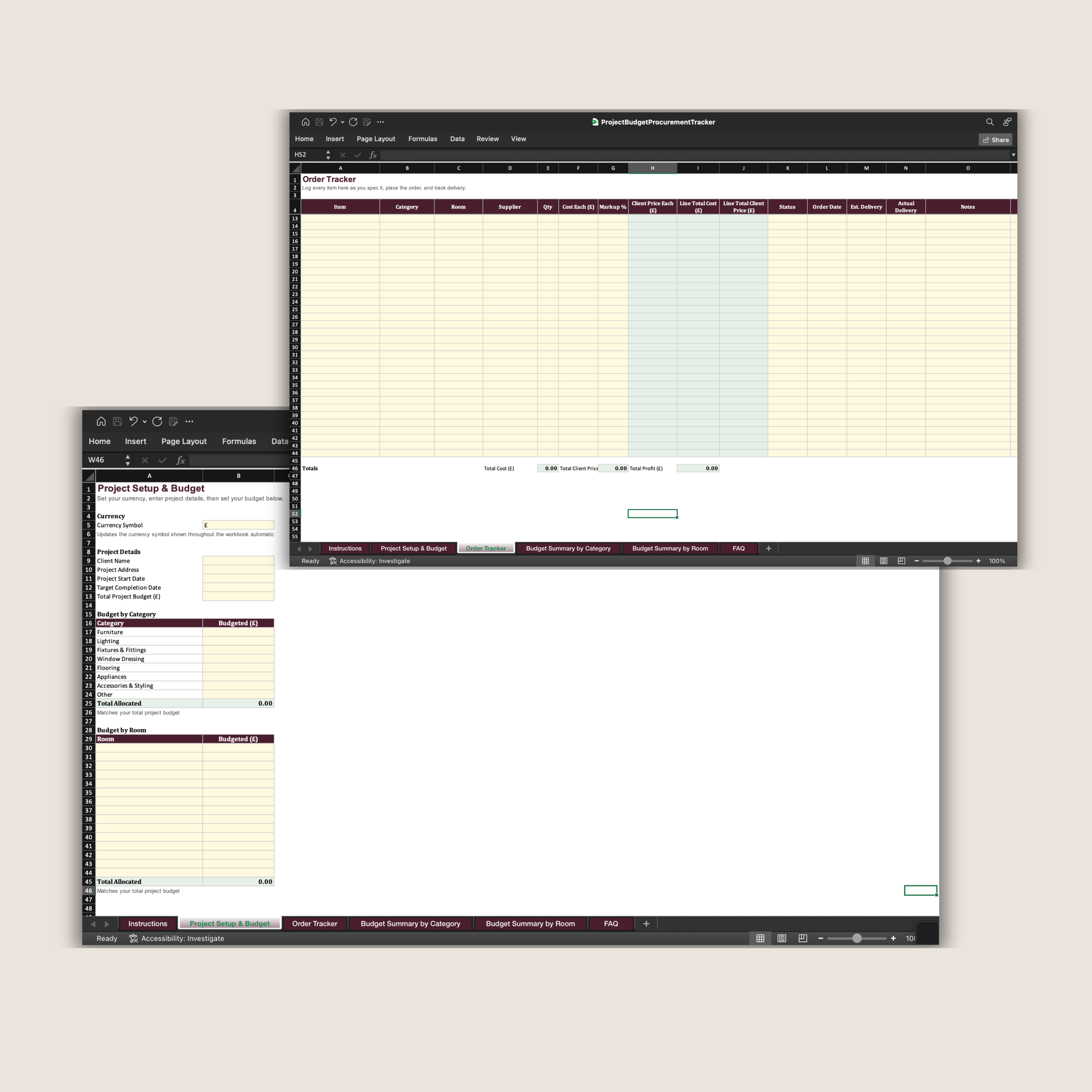 Budget and procurement spreadsheet tabs from the Project Budget and Procurement Tracker