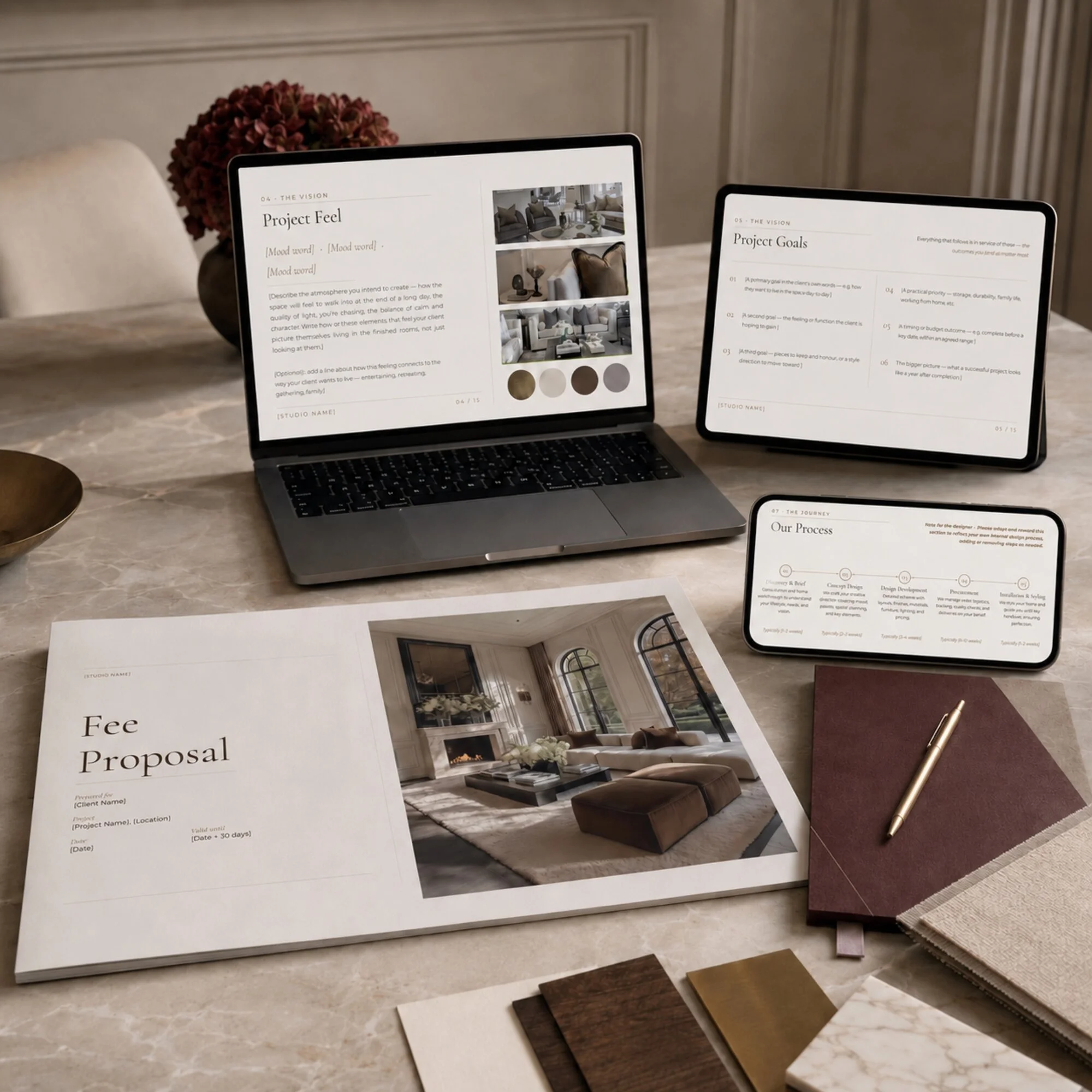 The Fee Proposal template shown on a laptop and tablet