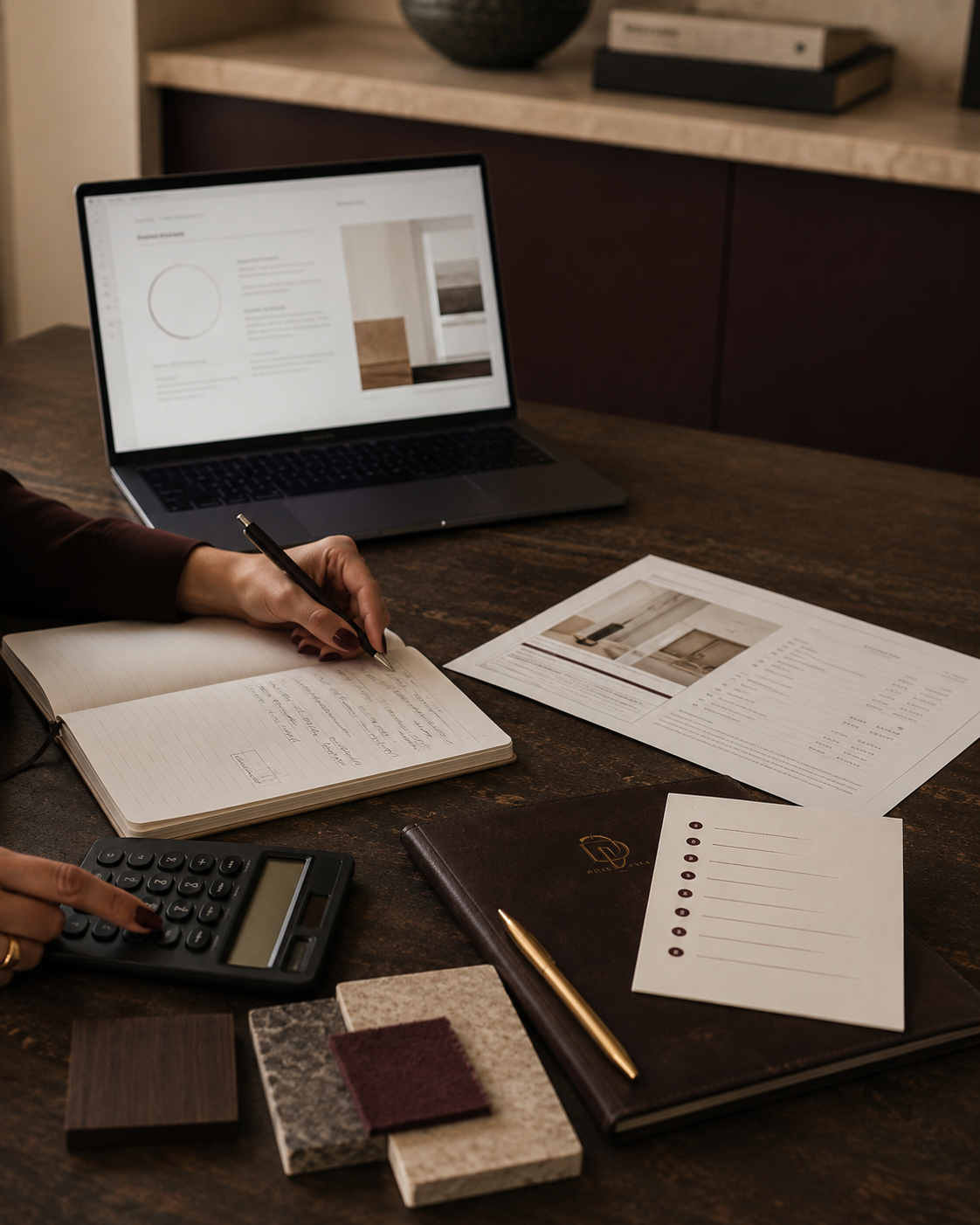A person writing in a notebook at a desk with a calculator, printed documents, color samples, and a laptop displaying a website or presentation.