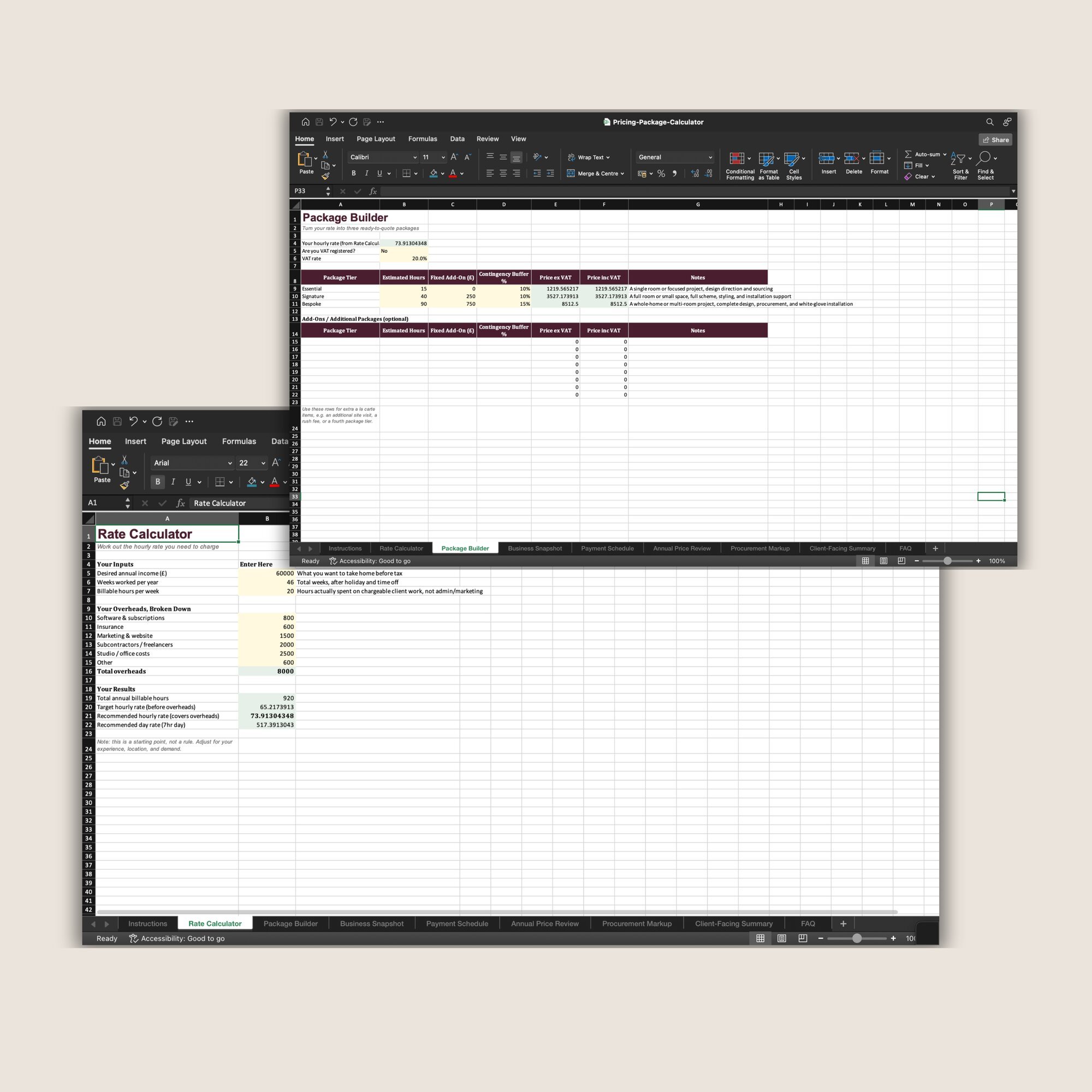 Close-up of the Pricing and Package Calculator spreadsheet for interior designers