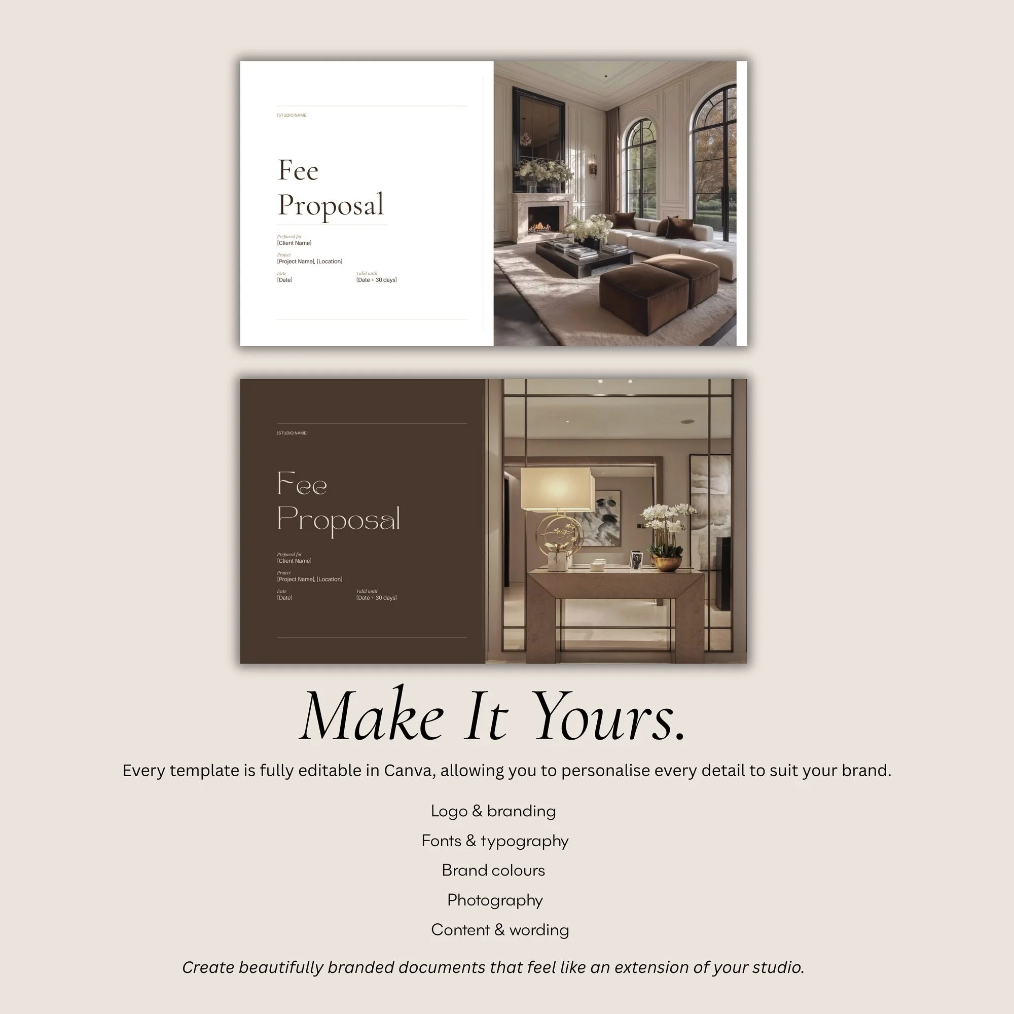 The Make It Yours customisation page from the Fee Proposal template