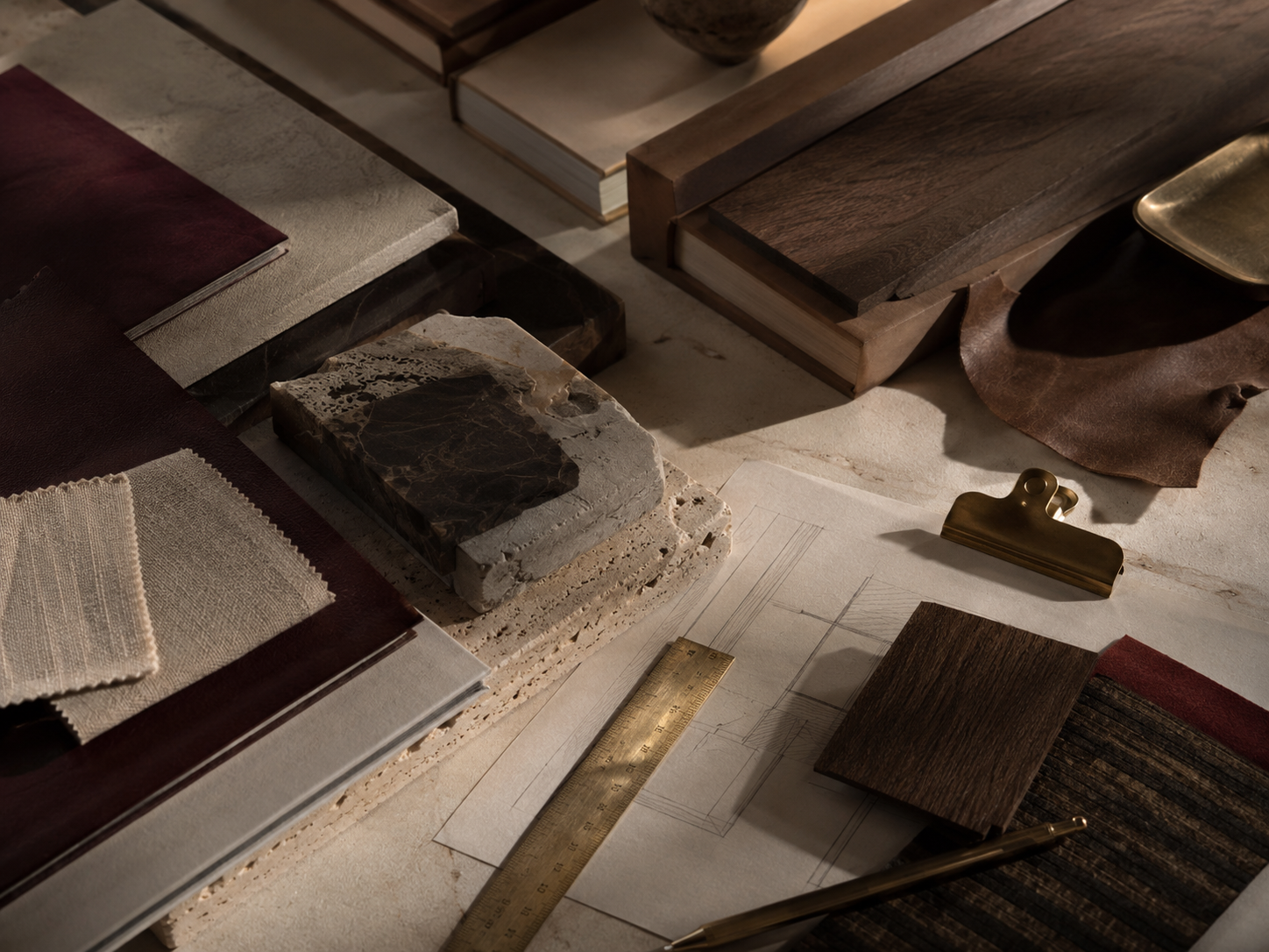 A collection of material samples, notebooks, a ruler, and a pen on a workspace, including wood, fabric, stone, and leather pieces, with drafting sketches and a brass clip.