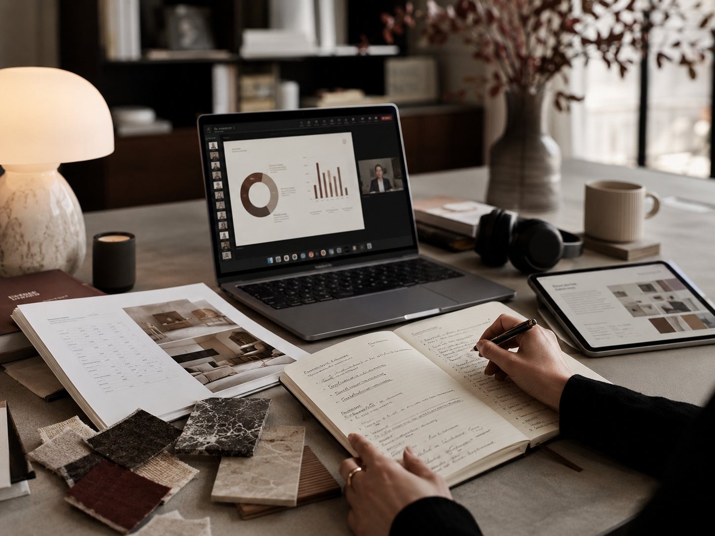 A person working at a desk with a laptop, tablet, notebook, and various color samples, analyzing a presentation on the laptop screen with graphs and notes.