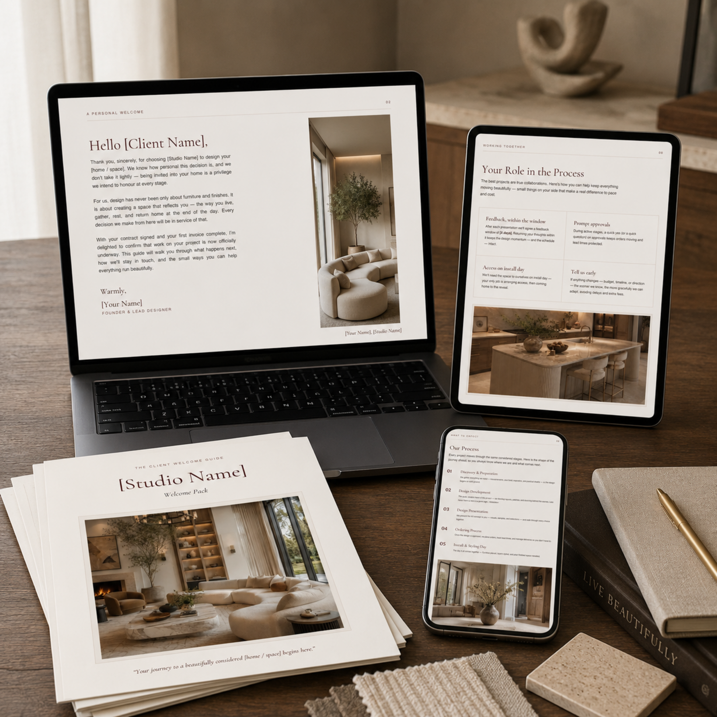 The Client Welcome Guide for interior designers shown on a tablet with printed pages