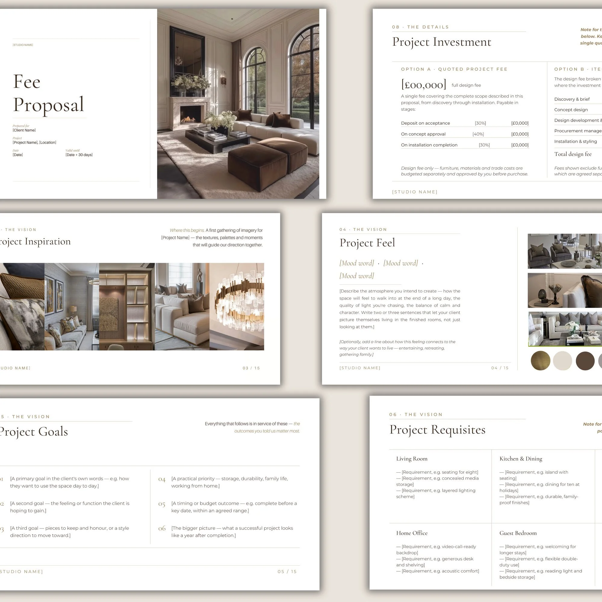 Spread of pages from the Fee Proposal template for interior designers