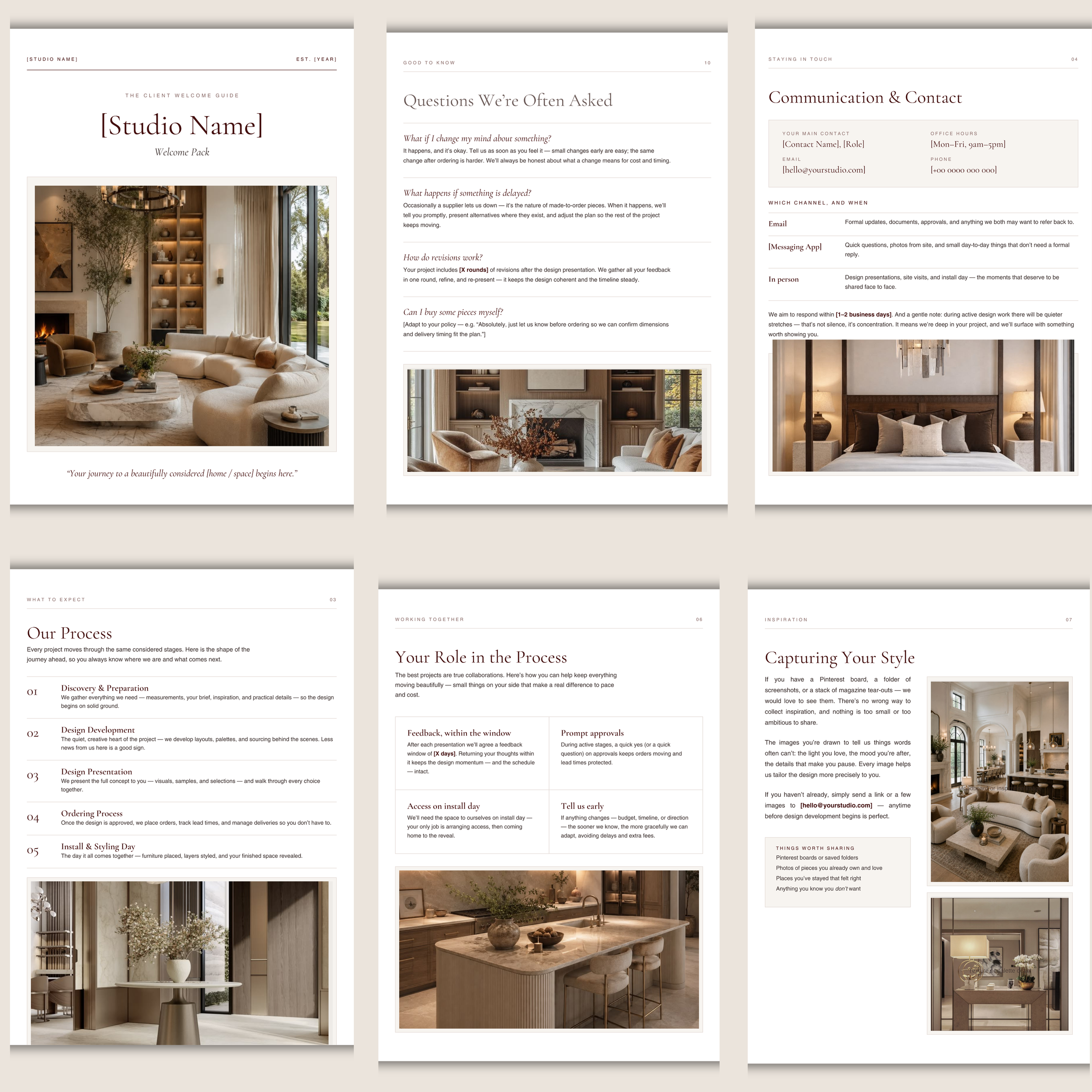 Overview of The Client Welcome Guide template pages for interior designers