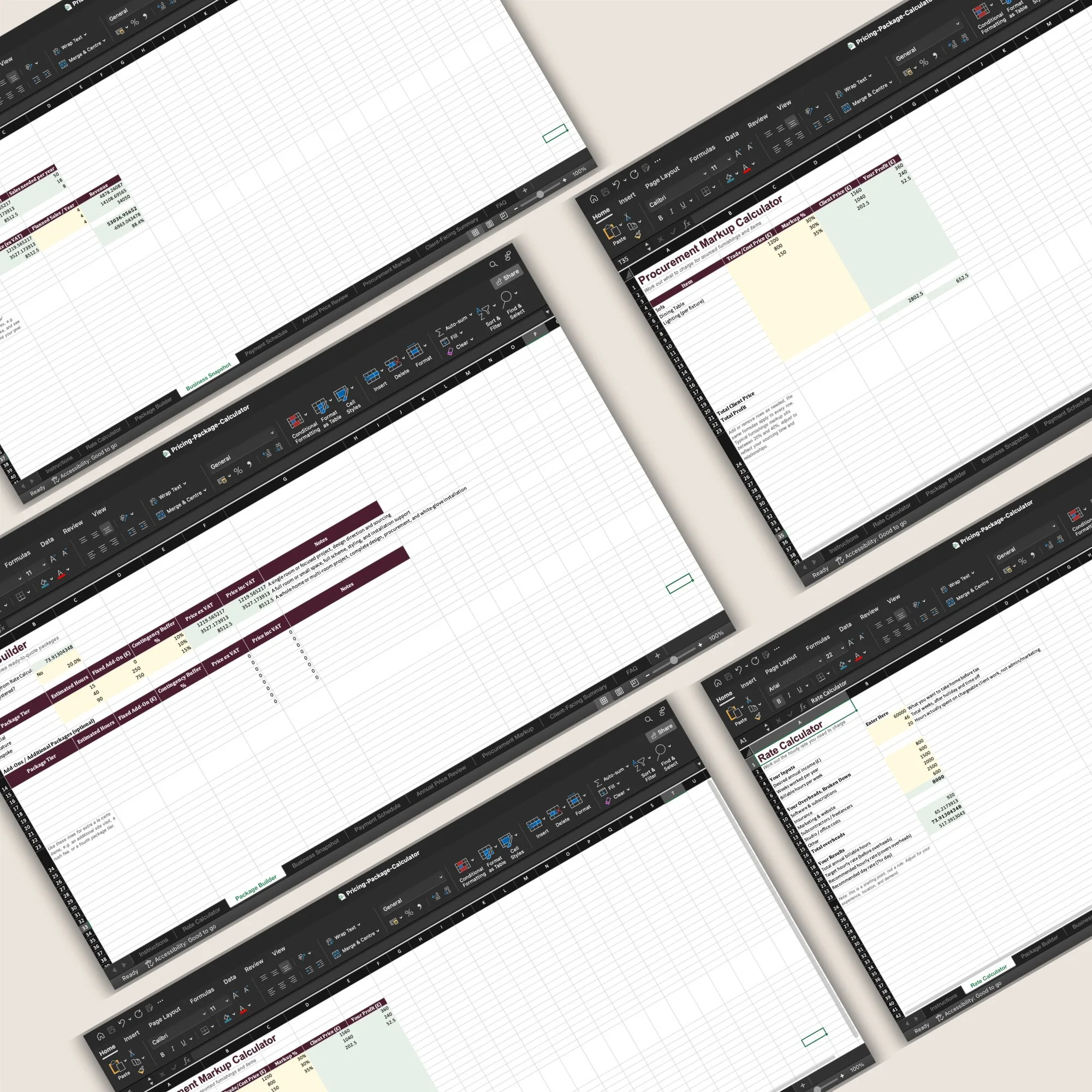 Angled view of the Pricing and Package Calculator spreadsheet for interior designers