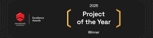 A black banner displaying the Engineers Australia Excellence Awards logo, with the text '2025 Project of the Year Winner' in white and gold accents. Won by Energys for Telstra 10kW Backup Power Project.