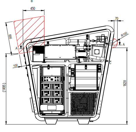Technical drawing of a 10kW Hydrogen Fuel Cell Power System designed by Energys with dimensions and internal components, including drives, cooling, and mounting points.