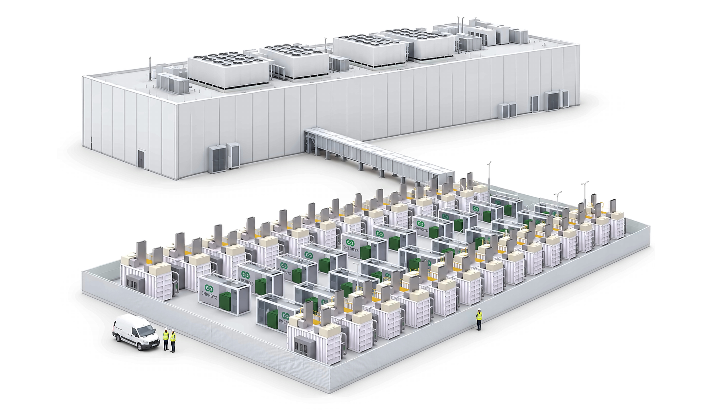 Illustration of a large data center indicative power configuration with cooling units on top and numerous battery backup systems on the floor, with personnel and vehicles nearby.