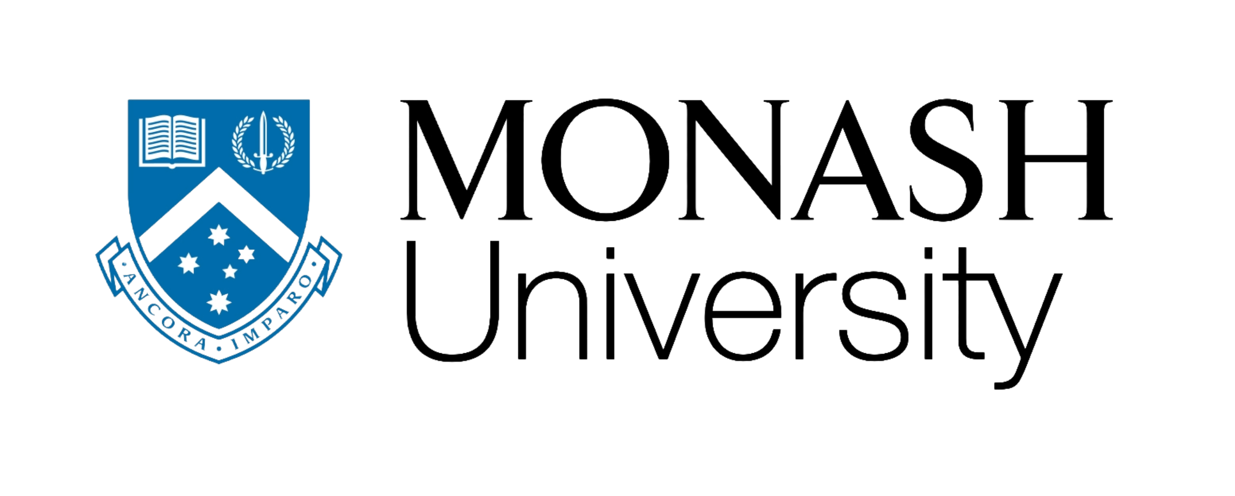 Monash University logo with shield, open book, torch, and laurel symbols, accompanied by the words 'MONASH university' in large letters.