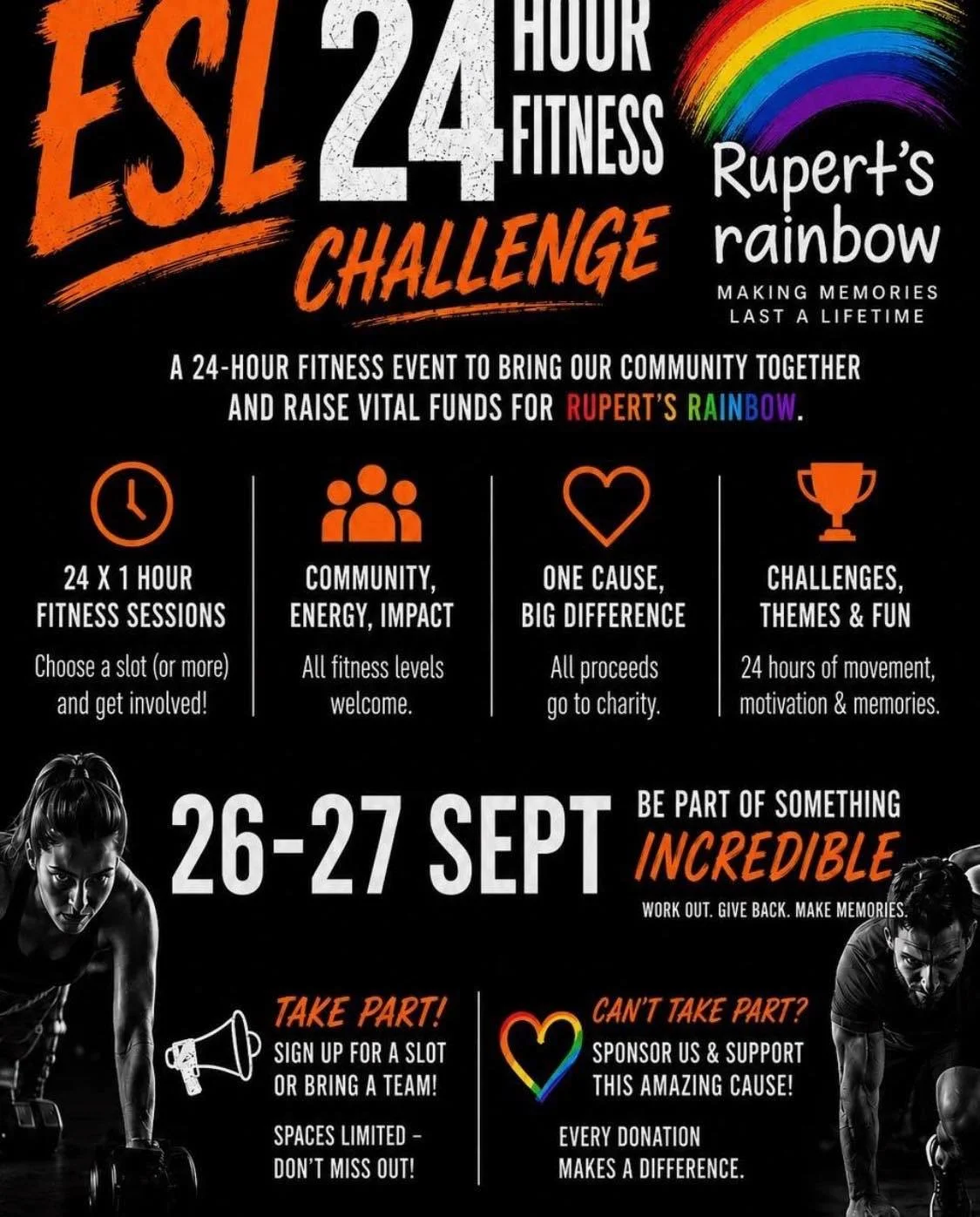 Hey everyone, 

Just following up from my latest reel, just to share the great event eslfitnesss are doing - 

24 HOUR FITNESS EVENT raising money for rupertsrainbow

We&rsquo;re also running some gymnastics sessions  too SO GET BOOKING!! 

Go to the