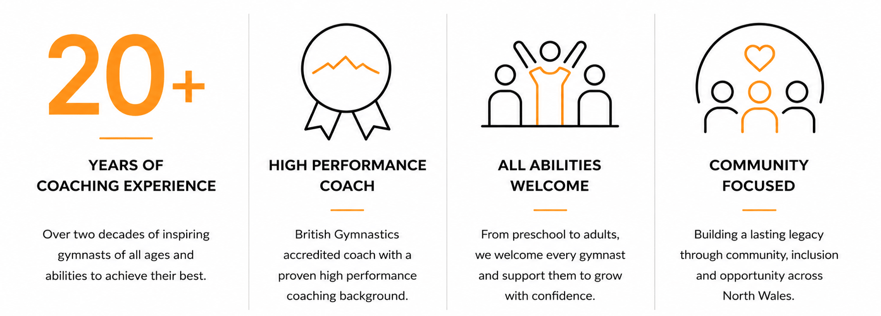 An infographic highlighting the organization has over 20 years of coaching experience, with sections on high performance coaching, community inclusion, and all abilities welcome, featuring icons such as a medal, a group of people, and a heart.