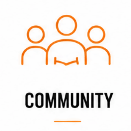 Icon depicting three orange outlined people with a small orange book or notebook in front of them, above the word 'Community' in bold black letters.
