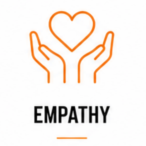 Outline of two hands holding a heart, with the word "EMPATHY" written below.