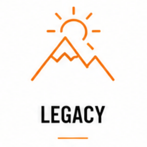 An orange line drawing of a mountain with a sun rising or setting behind it, and the word "LEGACY" below the mountain with a small orange line underneath.