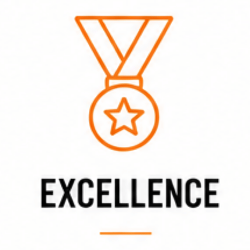 An orange outline of a medal with a star in the center, above the word "EXCELLENCE" in bold black letters, on a white background.