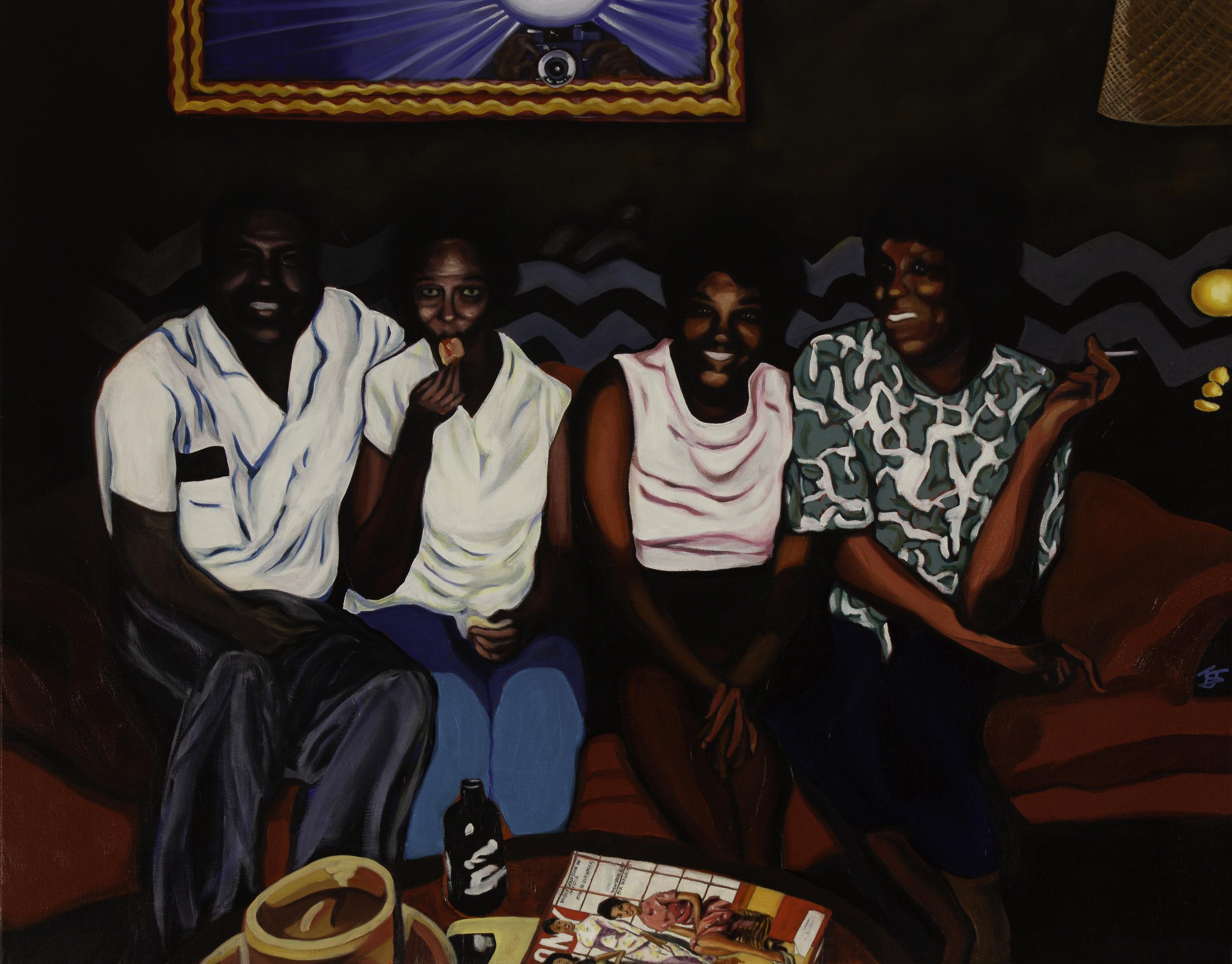 A painting of four people sitting on a red couch, with a person taking a photo reflected in a mirror above them. The individuals are dressed casually, and there are various objects like a bottle and a plate in front of them.