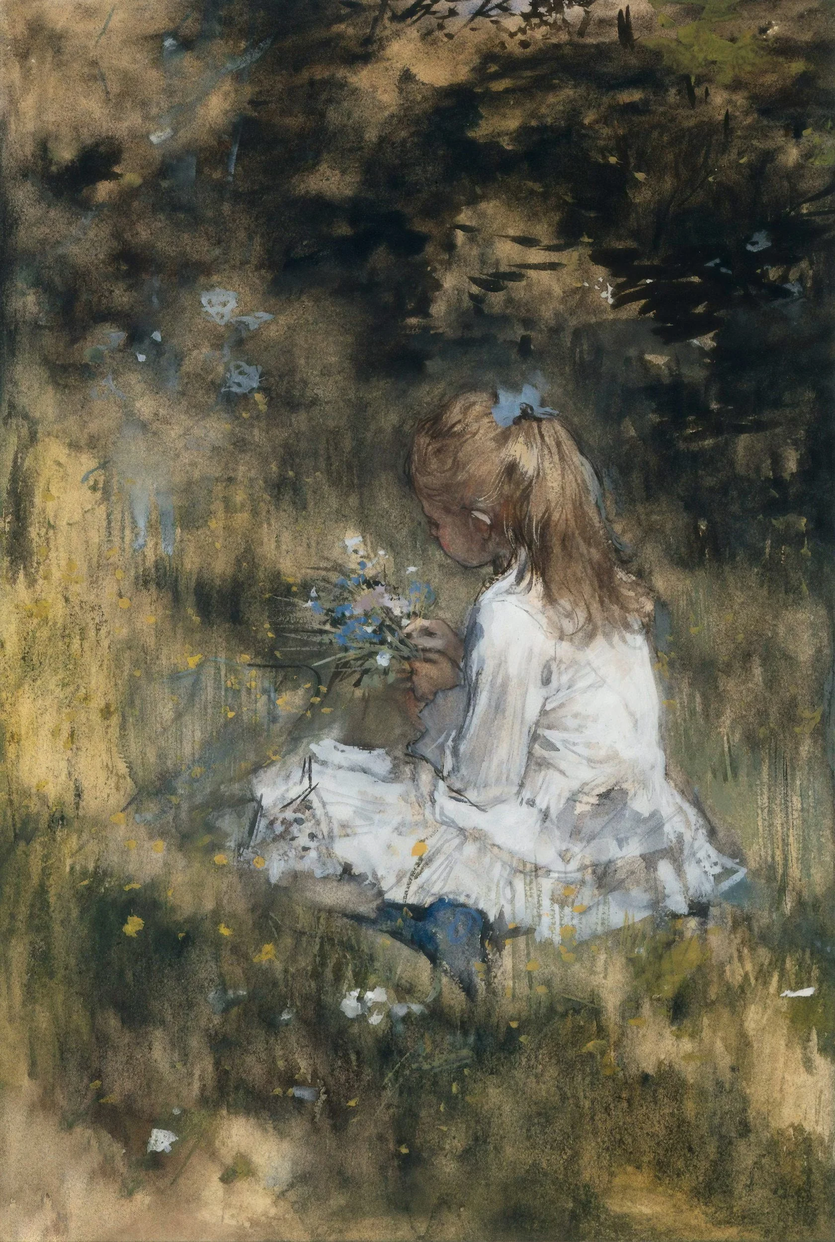 A girl with brown hair and white dress sitting outdoors, holding a bunch of blue flowers, surrounded by greenery and flowers.