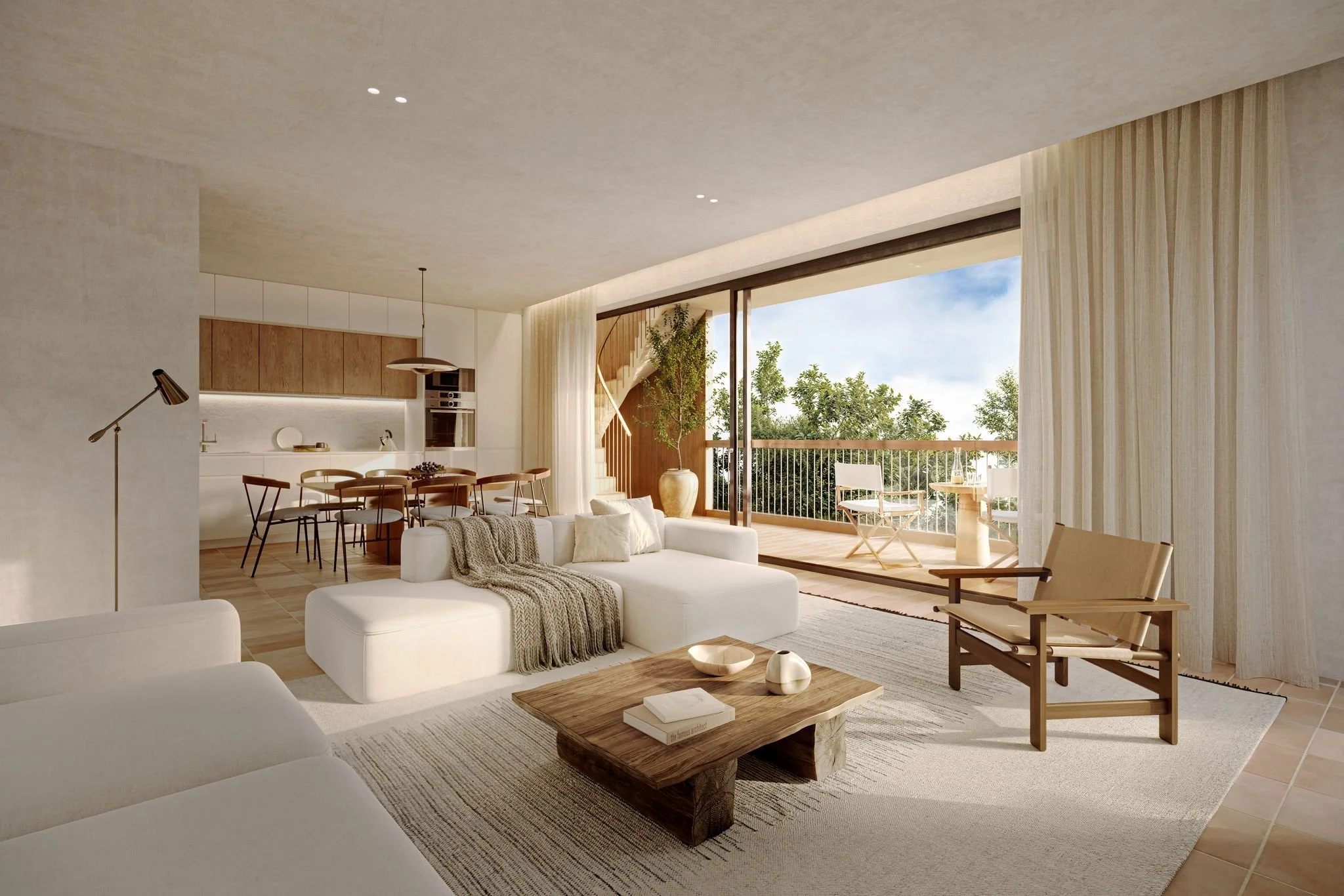 A modern, minimalist bedroom with a beige upholstered bed, white nightstands, and a large abstract metal art piece on the wall. Natural light enters through a sliding glass door with floor-to-ceiling white curtains. There is a green plant in a white pot next to the bed and a small wooden side table with a chair beside it.