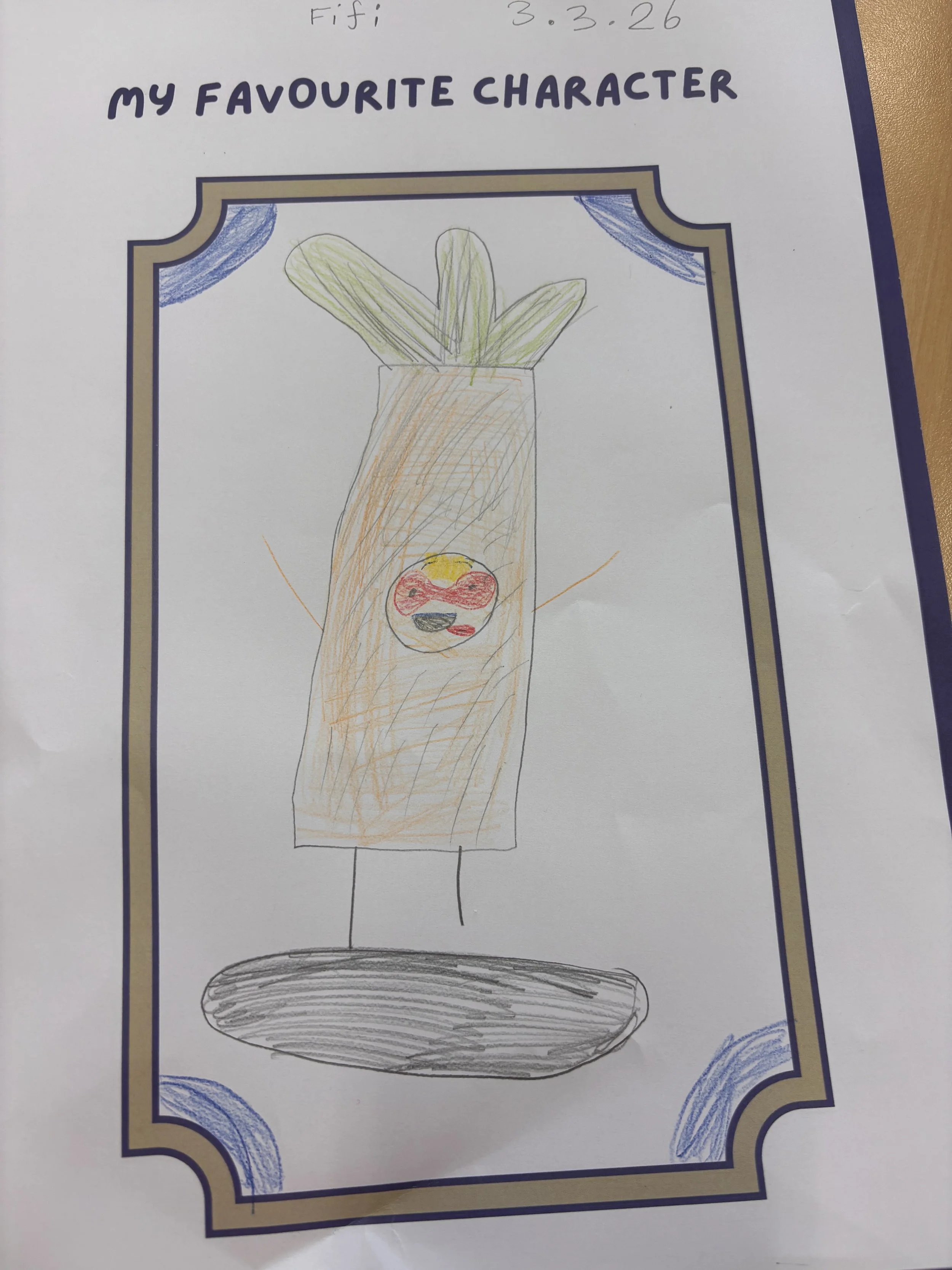 A child's drawing of a tall glass filled with a brown beverage with a smiling face on the glass, green straw-like objects at the top, and some blue and black accents around the border of the paper.