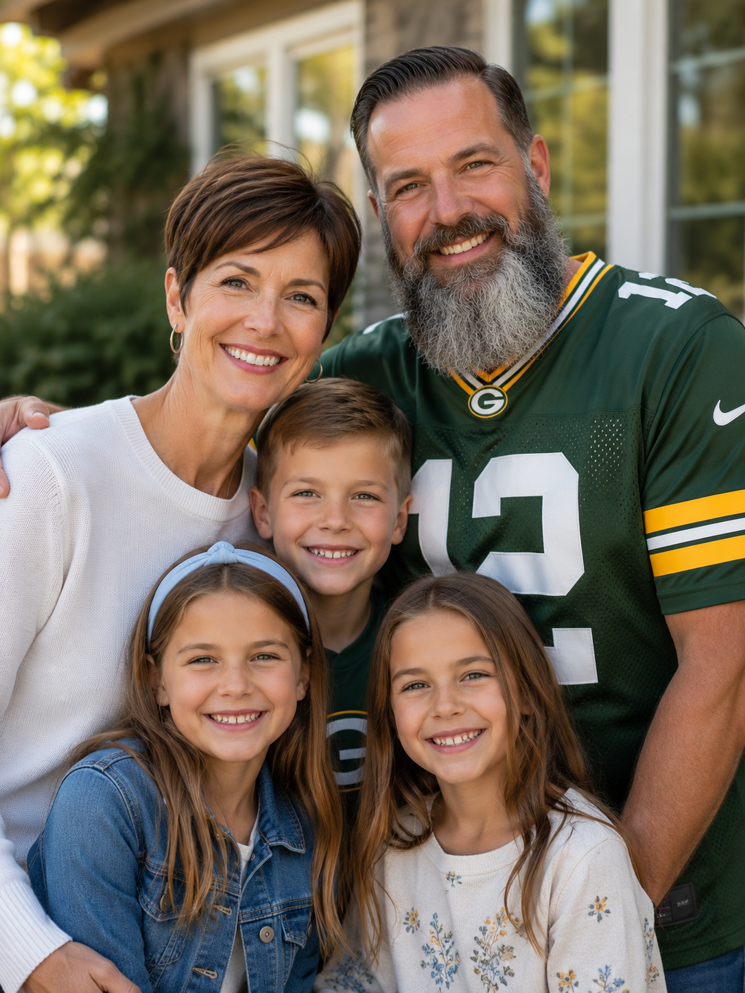 Family outside smiling, including woman, man in Green Bay Packers football jersey, and three children.