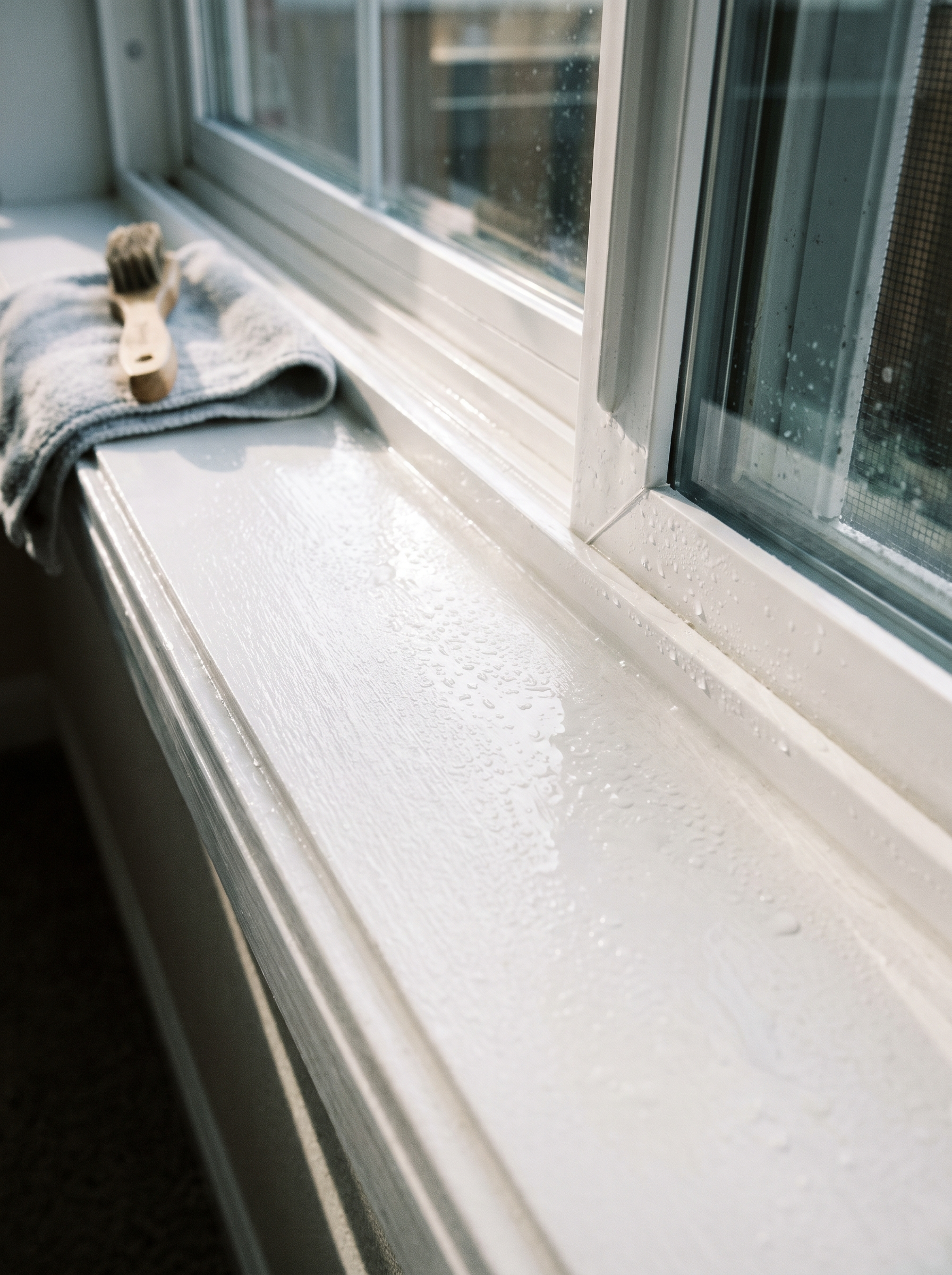 Close-up of a white windowsill with water droplets, a soft cloth, and a cleaning brush on it, by a window showing an outdoor scene.