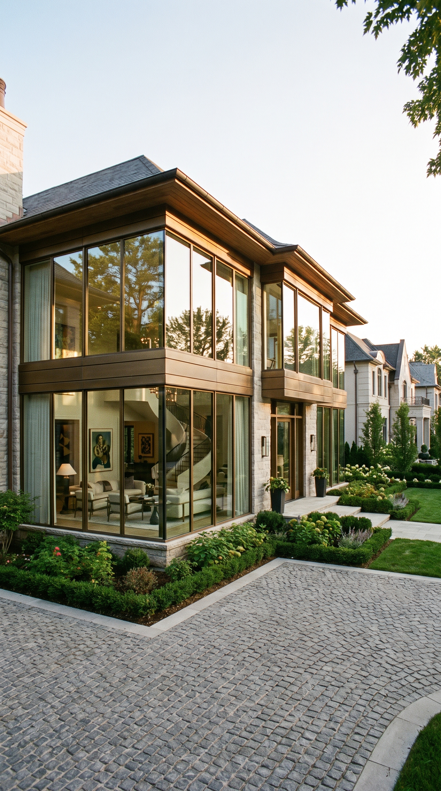 Modern two-story house with large glass windows, stone facade, surrounded by a landscaped garden and stone-paved driveway.