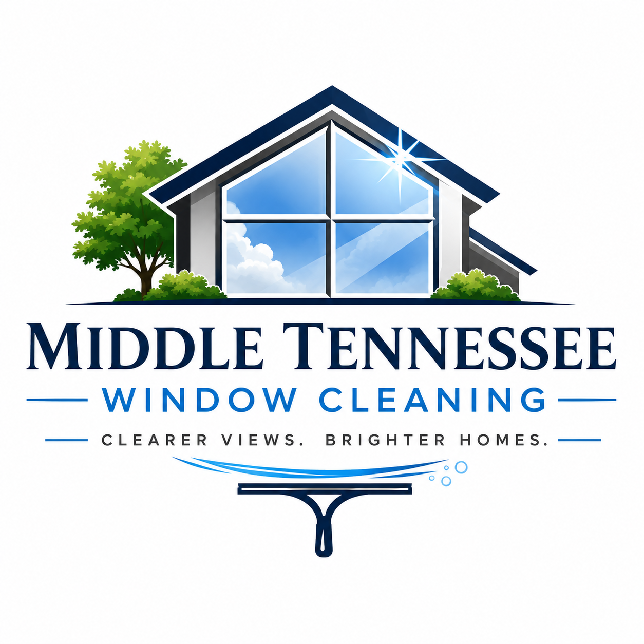 Logo for Middle Tennessee Window Cleaning featuring a house with large glass windows reflecting the sky, green trees and shrubs, and a window cleaning squeegee with water bubbles, the tagline 'Clearer Views. Brighter Homes.'