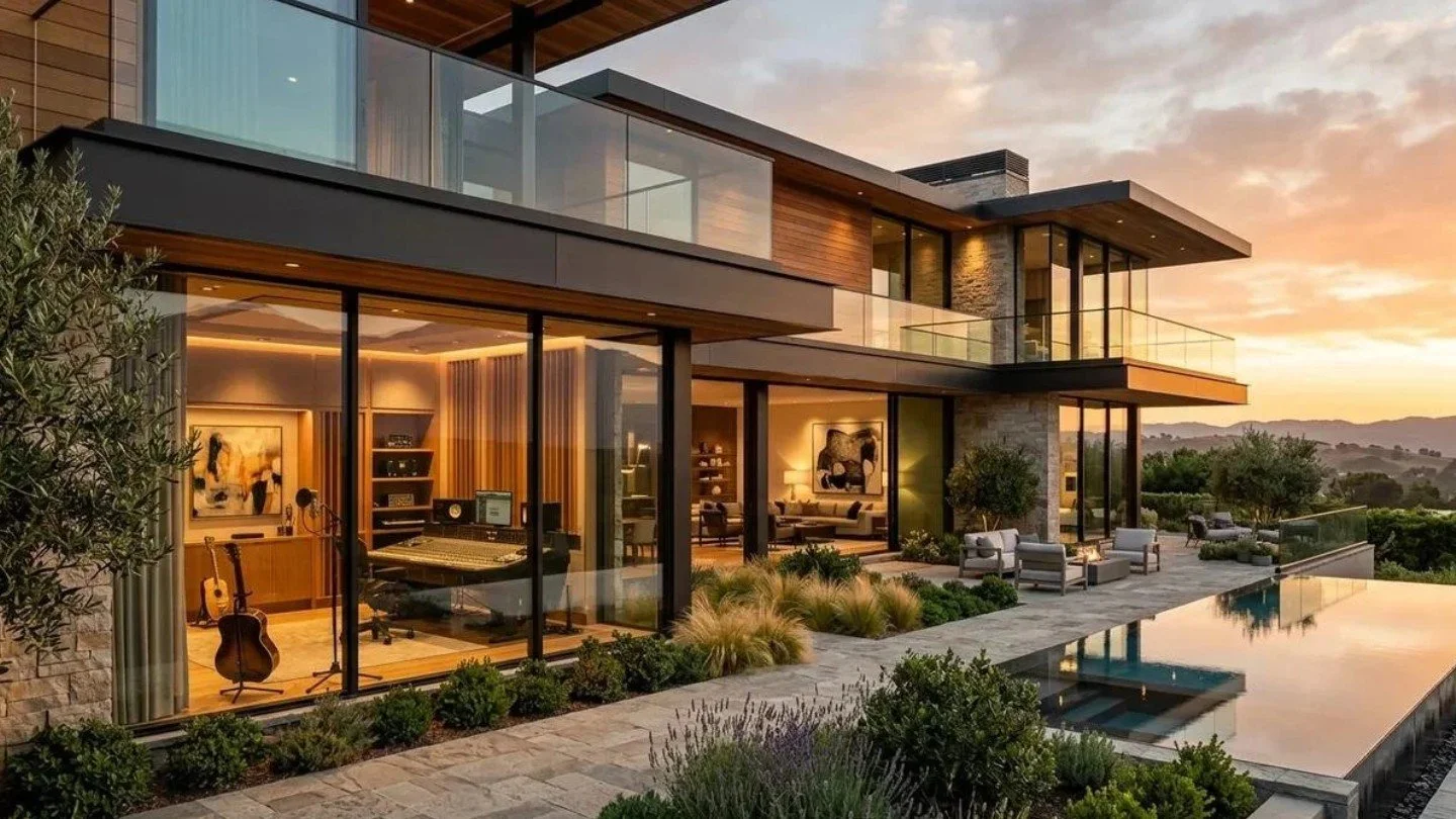 Modern multi-story house with large glass windows, outdoor seating area, and an infinity pool at sunset, overlooking scenic hills.
