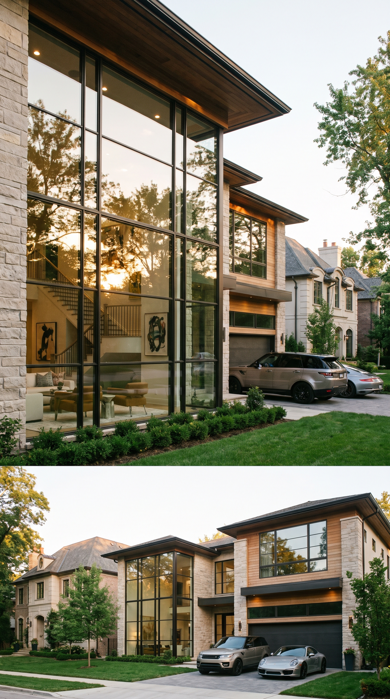 Modern two-story house with large glass windows, stone and wood exterior, front lawn, and parked cars in driveway during daytime.