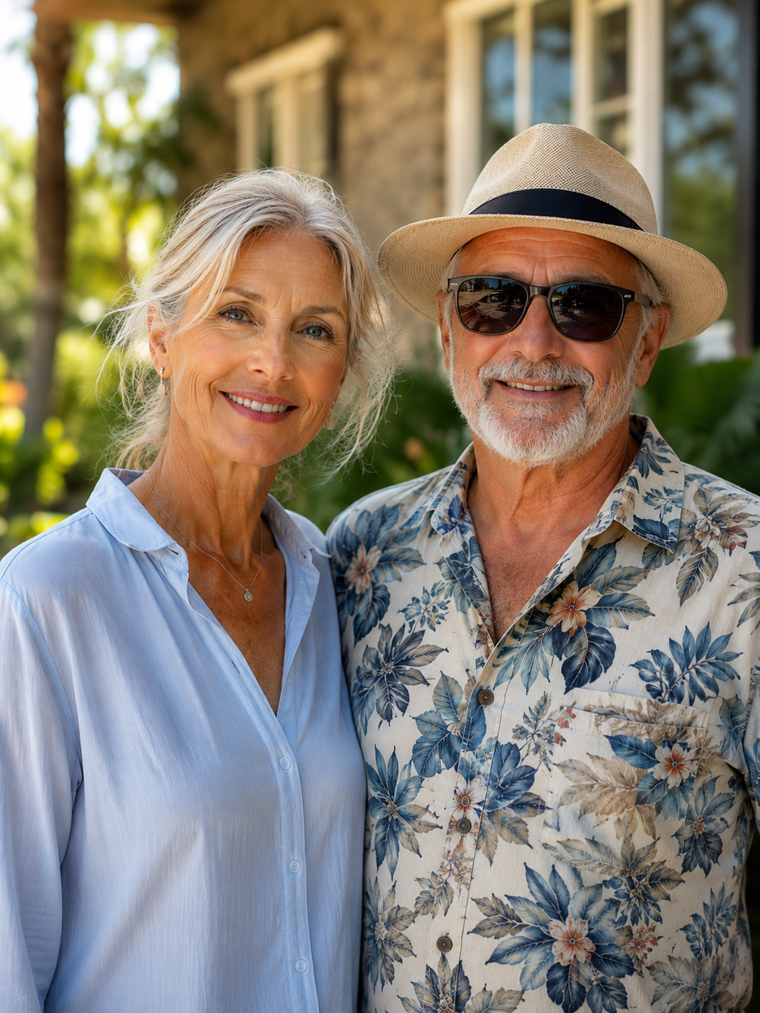 A smiling elderly couple outdoors, woman with silver hair wearing a light blue blouse and a necklace, man with white beard wearing sunglasses, a straw hat, and a patterned Hawaiian shirt, standing close together in front of a house with trees in the background.
