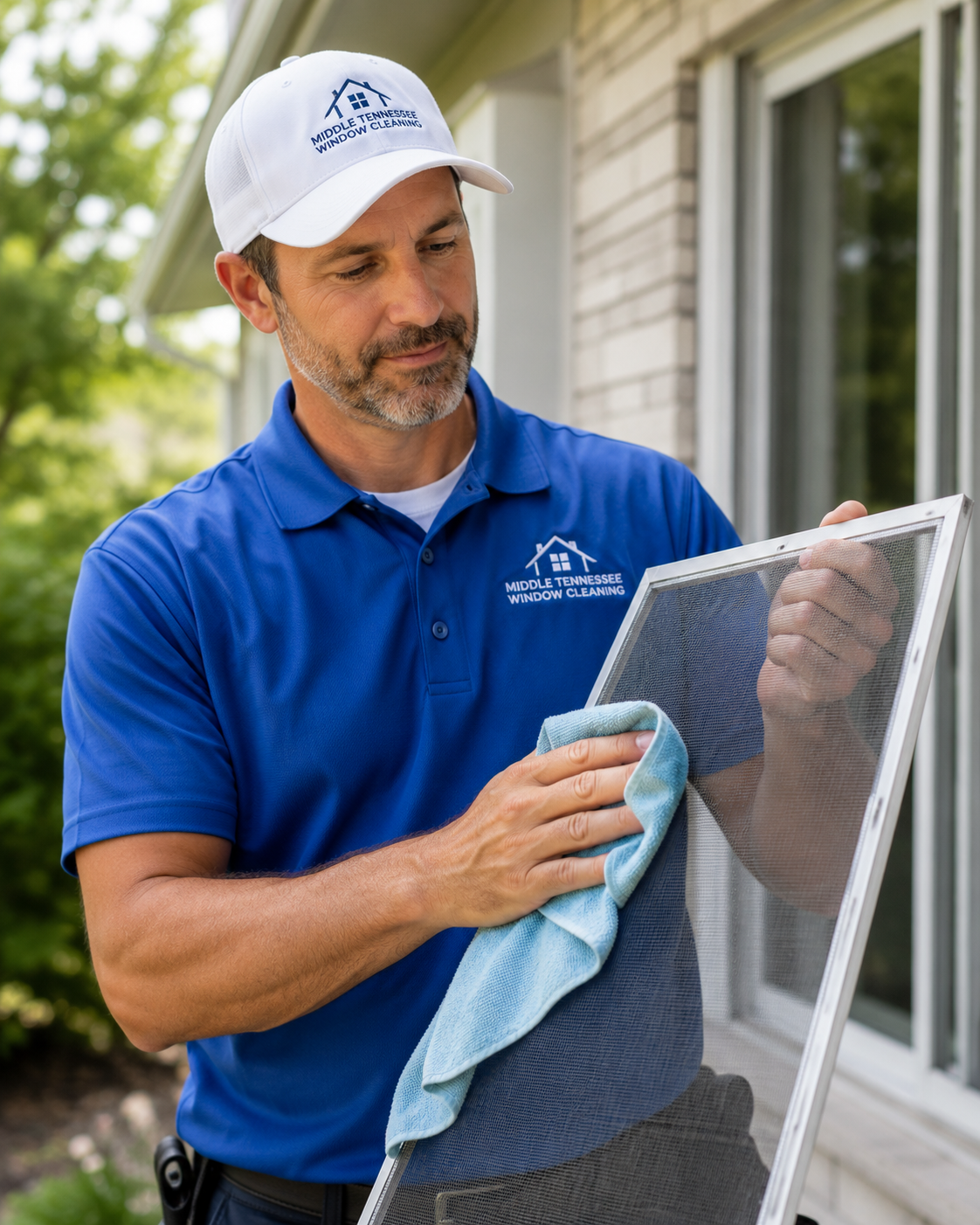 A man cleaning a window screen outside a house, wearing a blue uniform and a white cap with the logo of Middle Tennessee Window Cleaning.