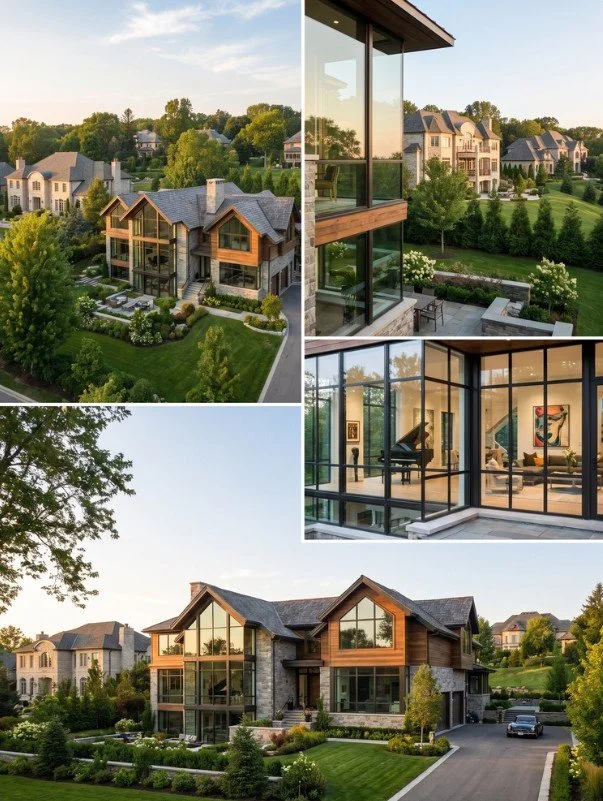 A collage of four images showcasing a modern large house with glass walls, a wooden exterior, surrounded by greenery and neighboring houses.