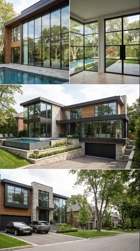Collage of modern house with large glass windows, pool, and landscaped yard.