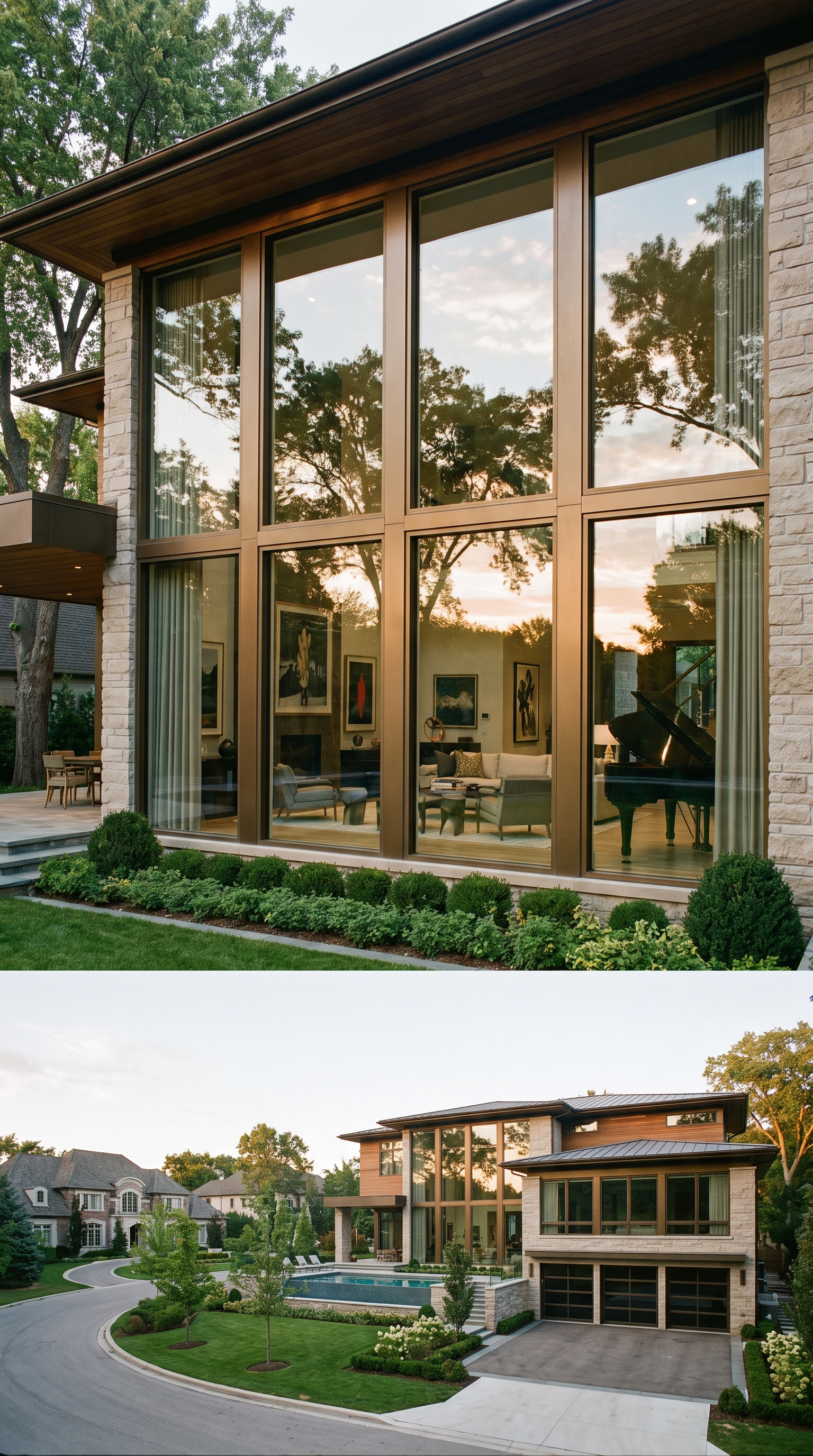 Exterior view of a modern house with large glass windows and landscaping, including green grass, trees, and shrubs, during sunset.