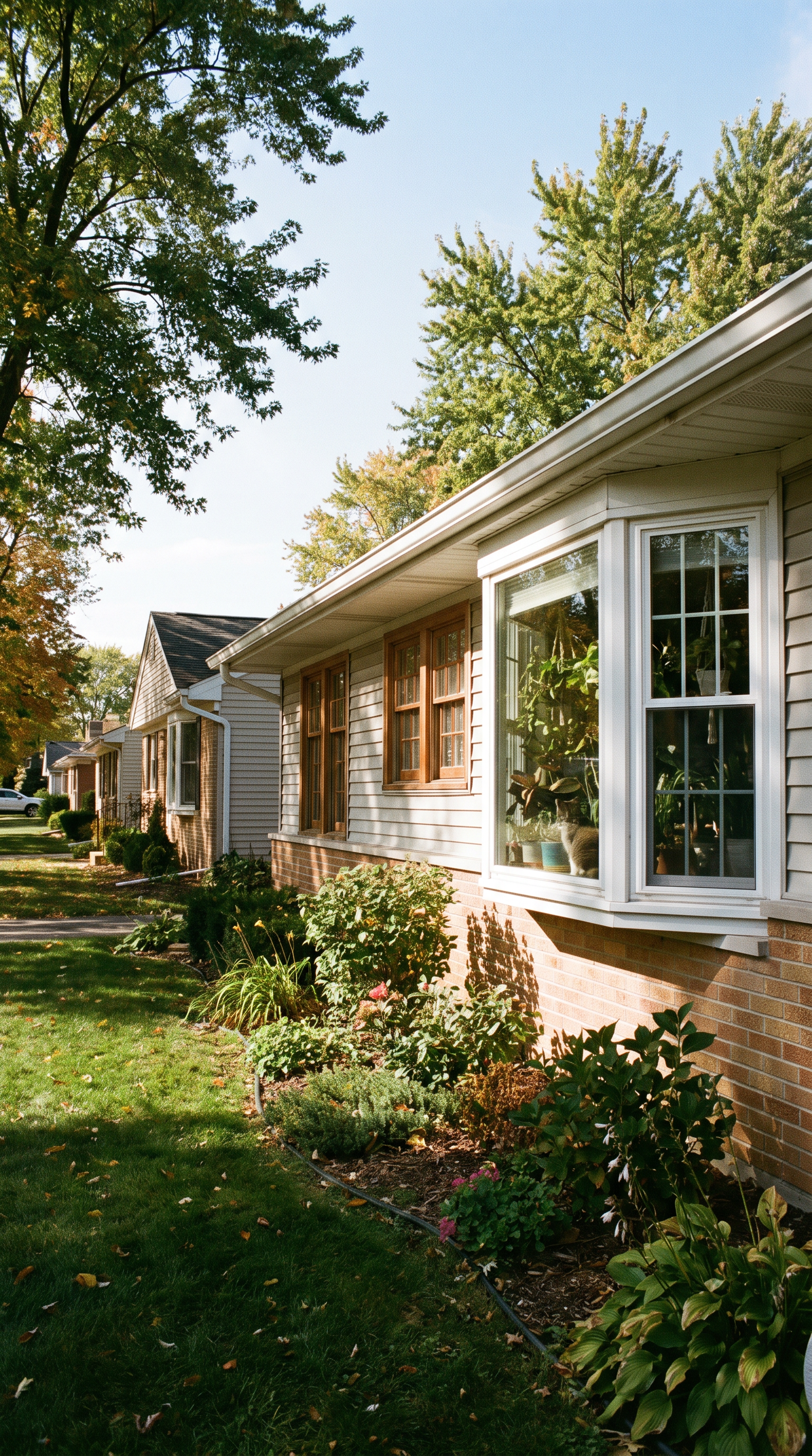 A row of suburban houses with brick and siding exteriors, large front windows, well-maintained gardens, and trees with green foliage under a clear blue sky.