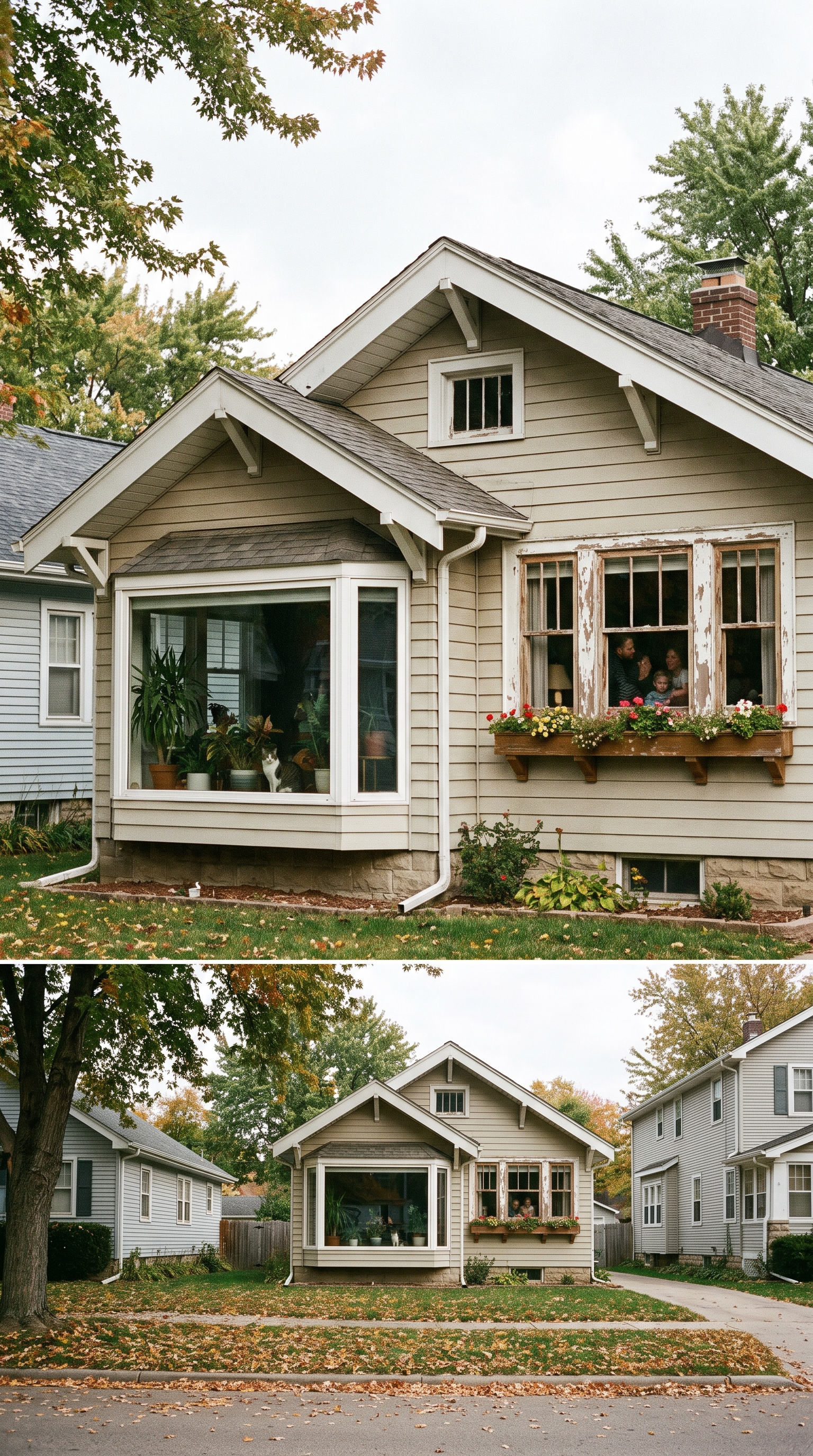 A beige house with a front porch, exposed roof gables, a chimney, and flower boxes under the windows. The house is surrounded by trees with autumn leaves, neighboring houses, and a front yard with a lawn and sidewalk.
