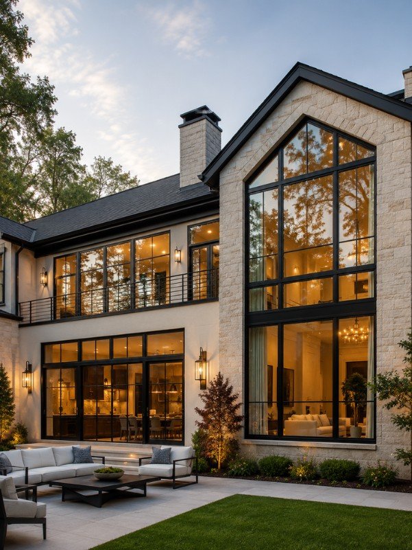 Modern two-story house with large glass windows and a backyard patio with outdoor seating.