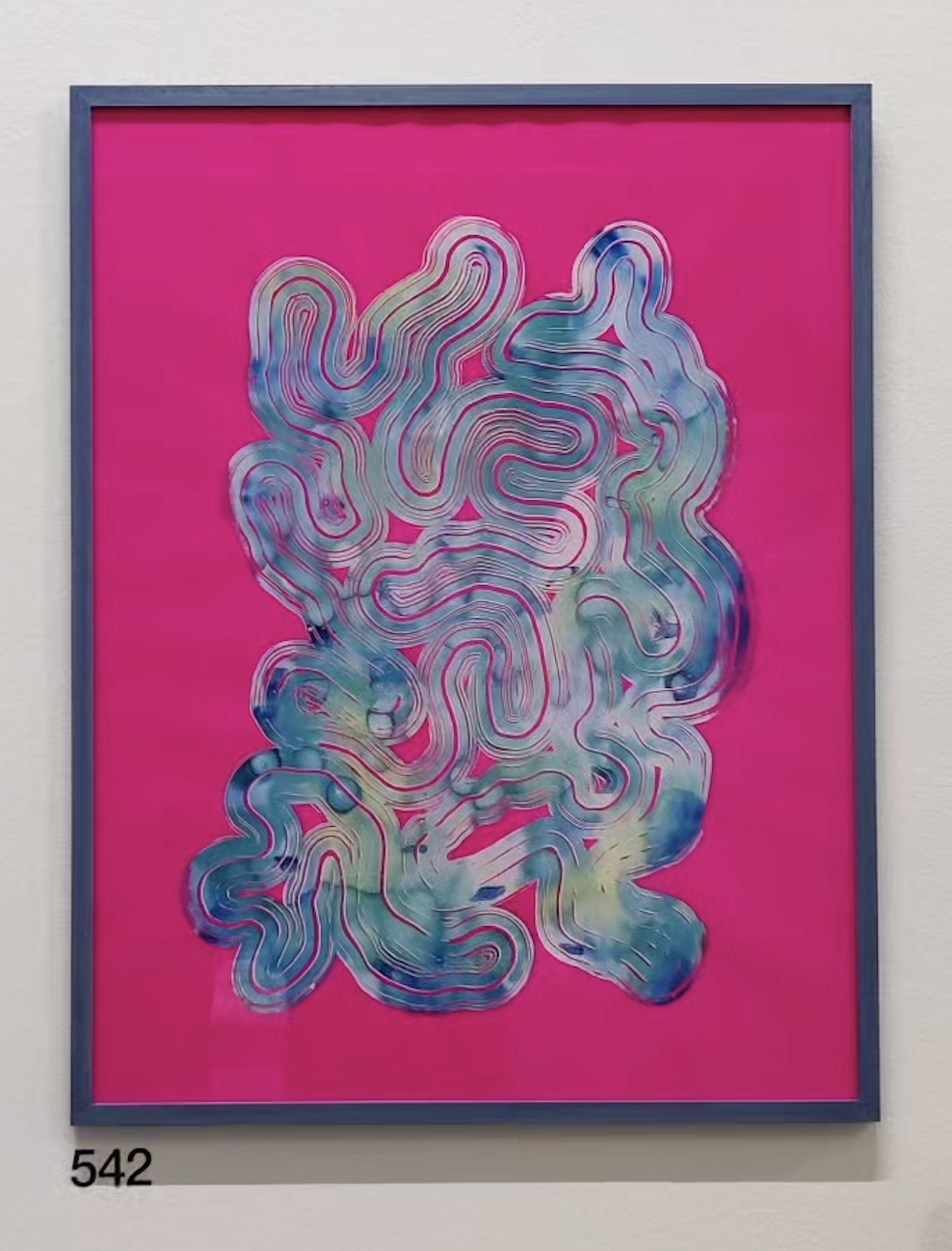 Abstract art piece with colorful, swirling lines on a bright pink background, framed in blue.