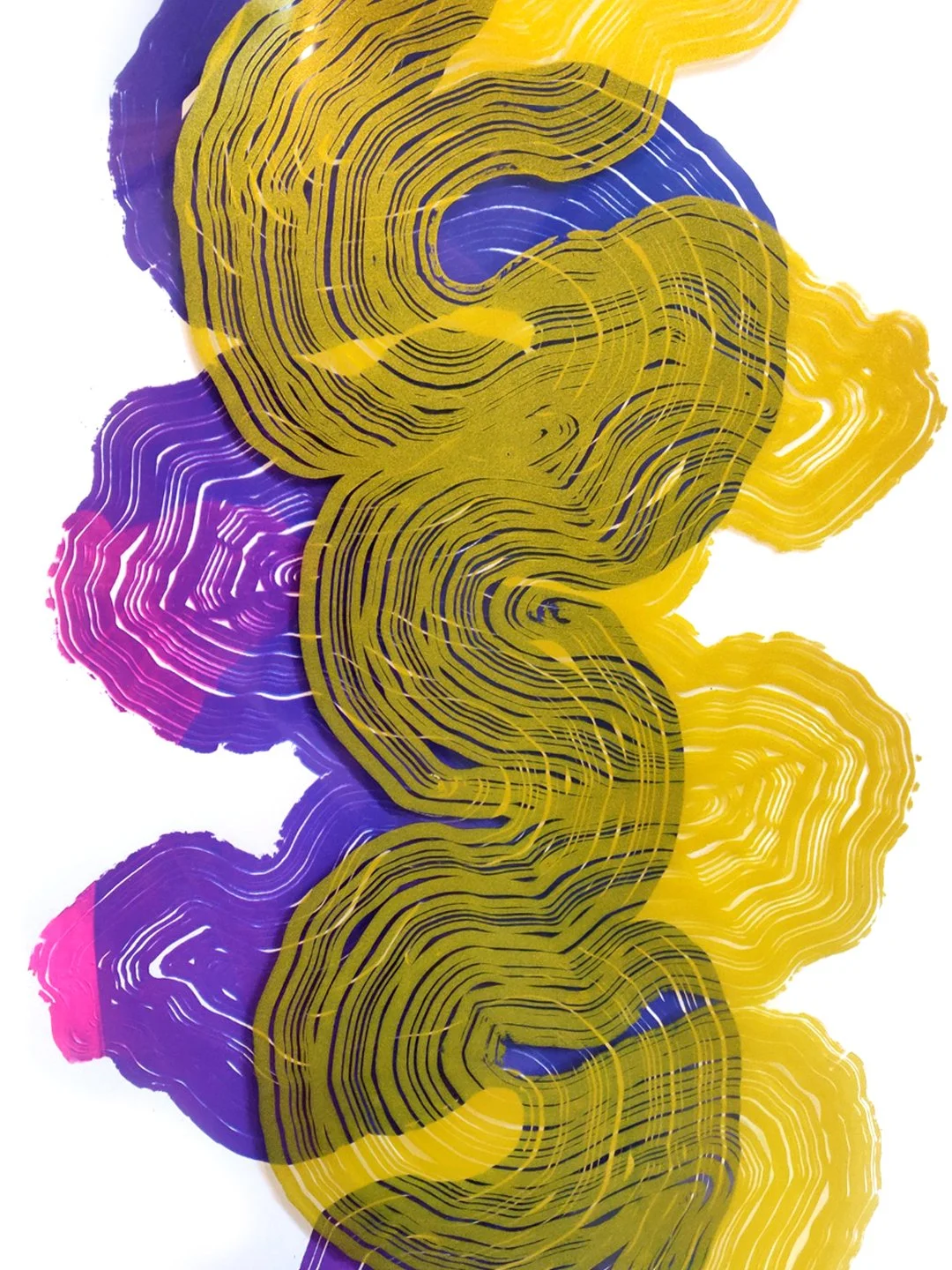 Abstract artwork with overlapping yellow and purple swirling patterns and contour lines on a white background.