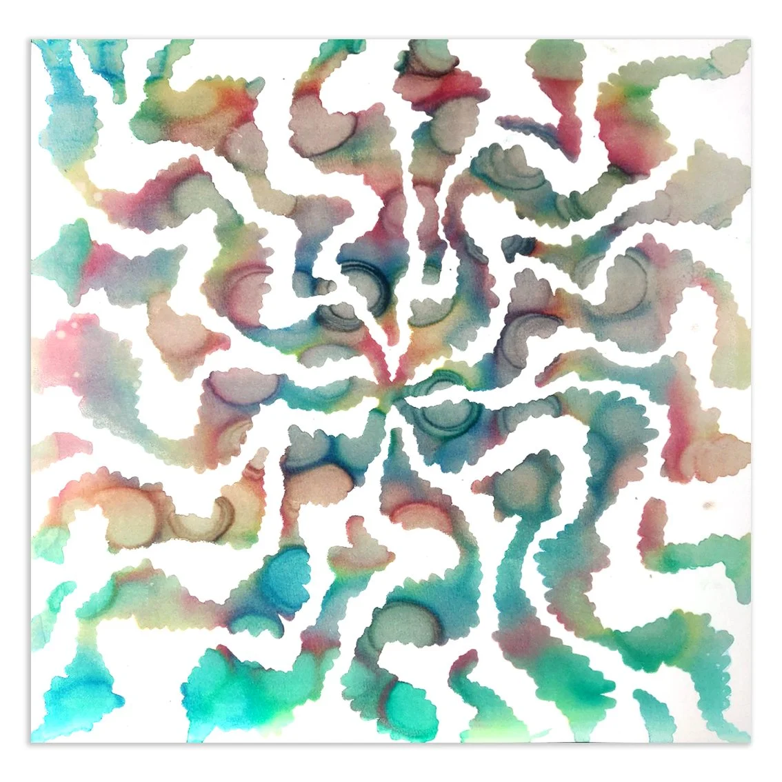 Colorful abstract watercolor pattern with swirling shapes and wavy edges in shades of green, blue, red, and yellow on a white background.