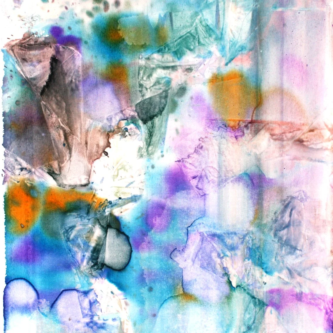 Abstract watercolor painting with splashes of purple, blue, orange, green, pink, and gray.