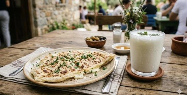 Restoran masasında peynirli lavaş ve ayran, yaninda küçük tabaklarda zeytin ve soslar, arka planda insanlar oturuyor.