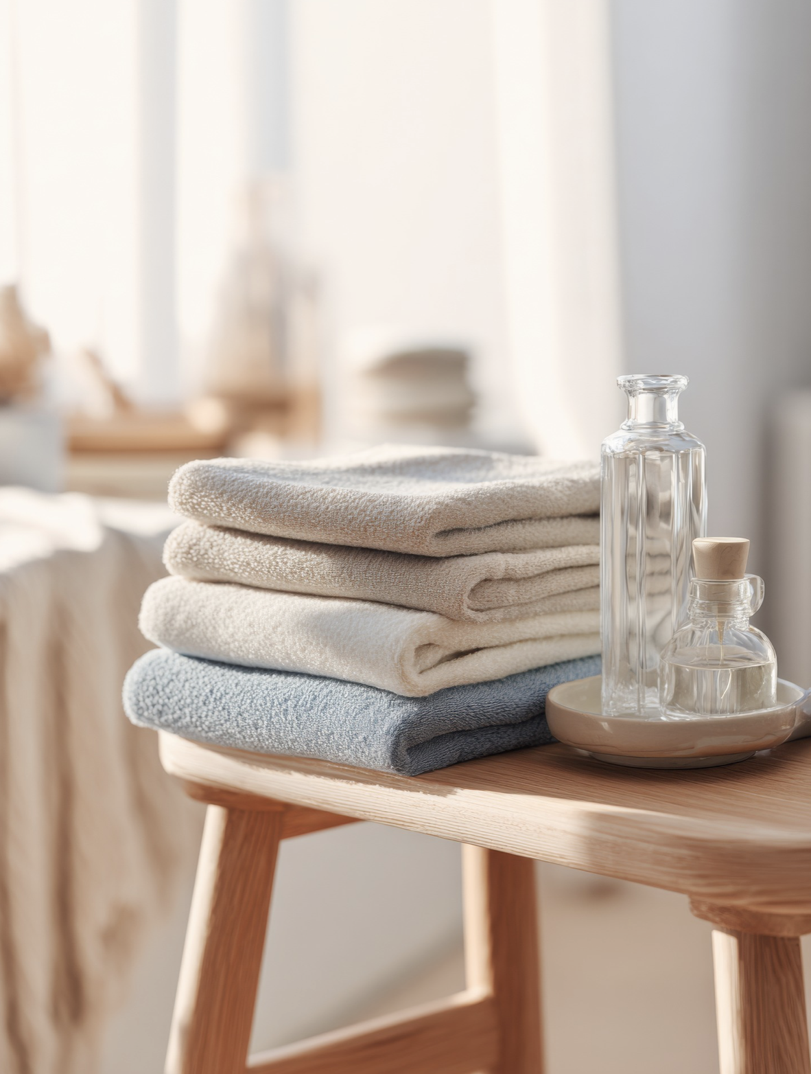 Stacked towels of different colors on a wooden table with glass bottles containing liquids nearby, in a sunlit room with a blurred background.