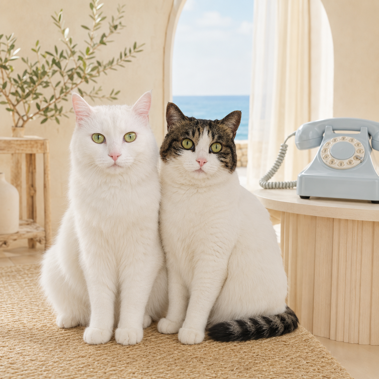Two cats sitting side by side in a cozy room with a view of the ocean, a light blue rotary phone on a wooden table, and a background with a potted plant, a window, and sheer curtains.