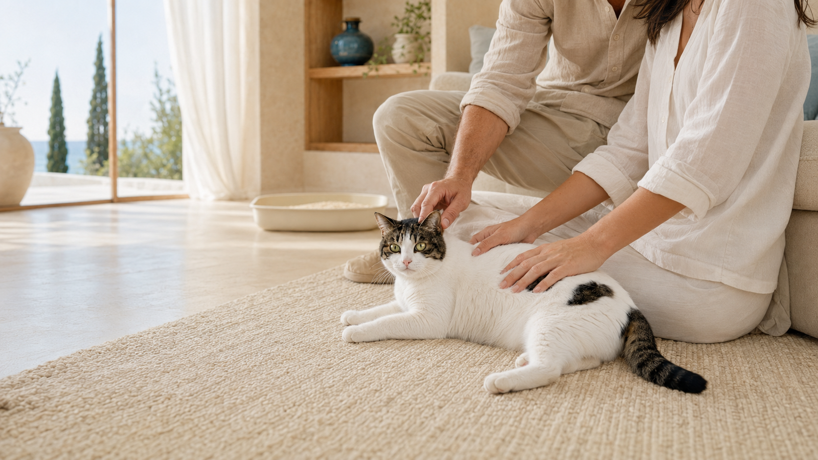Cat relaxing with its owners beside a clean tofu cat litter tray