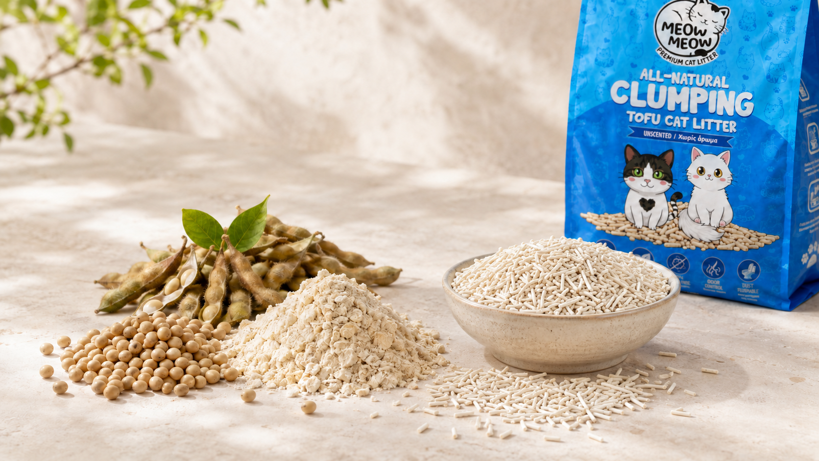 Soybeans, soybean fibre and finished tofu cat litter pellets beside a Meow Meow value pack