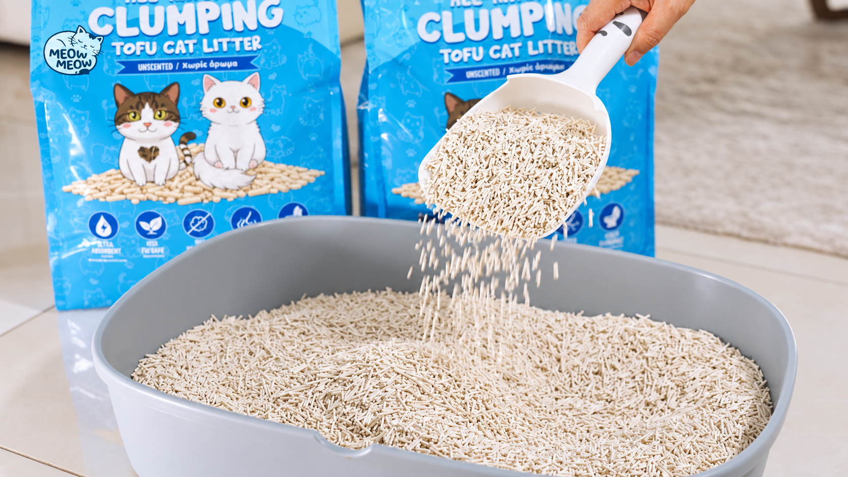 Meow Meow tofu cat litter pouring from a scoop with minimal visible dust